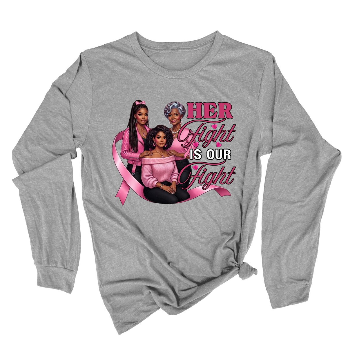 A heather gray long-sleeve t-shirt with a pink graphic on the front featuring a breast cancer ribbon, boxing gloves, and the words 'Breast Cancer WARRIOR'.