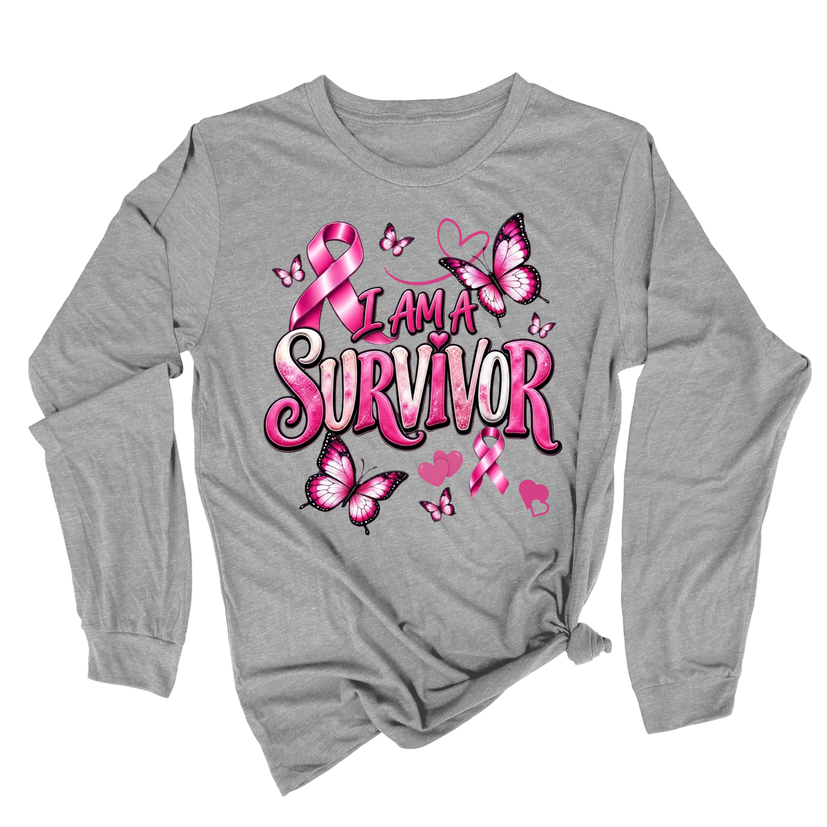 A heather gray long-sleeve t-shirt with a pink graphic on the front featuring a breast cancer ribbon, boxing gloves, and the words 'Breast Cancer WARRIOR'.