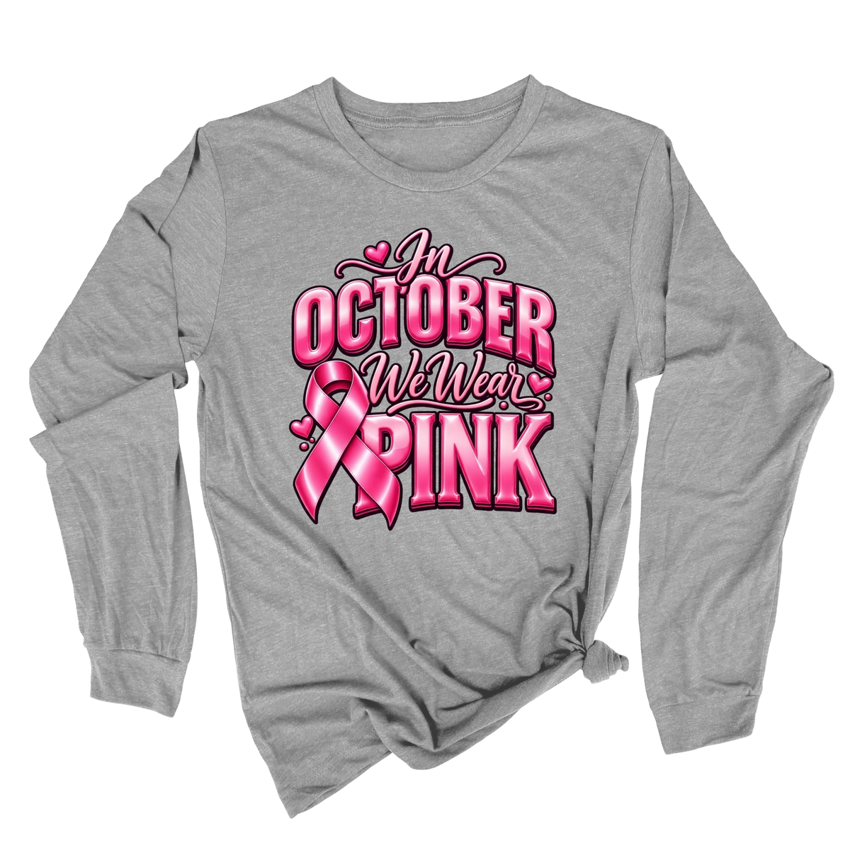 A heather gray long-sleeve t-shirt with a pink graphic on the front featuring a breast cancer ribbon, boxing gloves, and the words 'Breast Cancer WARRIOR'.