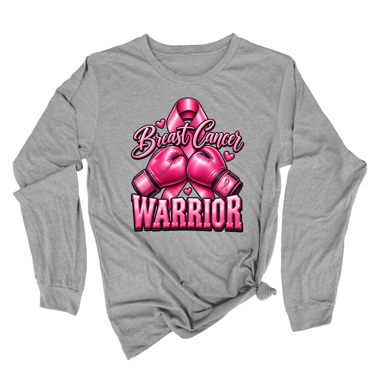 A heather gray long-sleeve t-shirt with a pink graphic on the front featuring a breast cancer ribbon, boxing gloves, and the words 'Breast Cancer WARRIOR'.