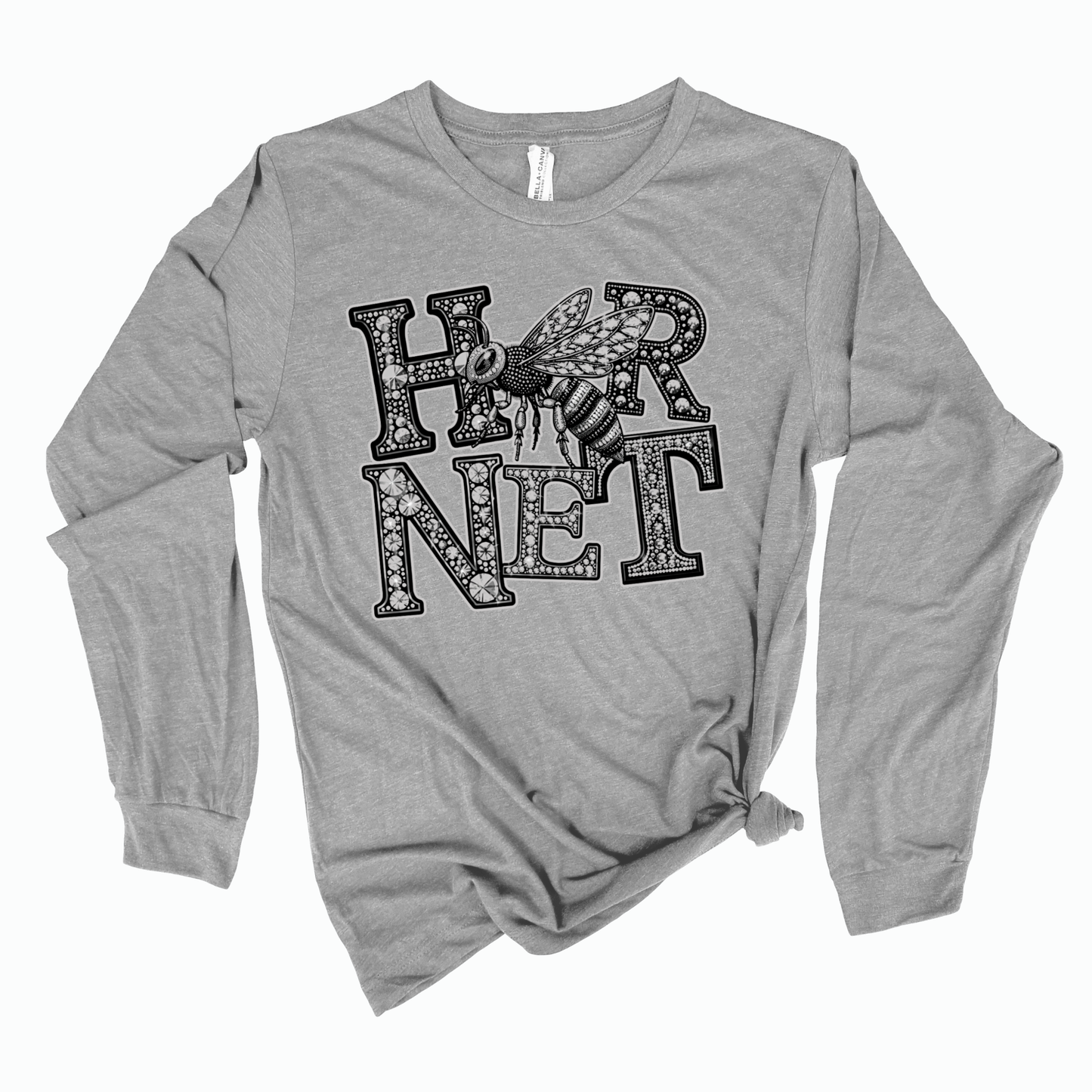 A heather gray long-sleeve t-shirt with a distressed black graphic on the front that reads 'HONET' with a detailed bee design integrated into the letters, shown on a plain white background.