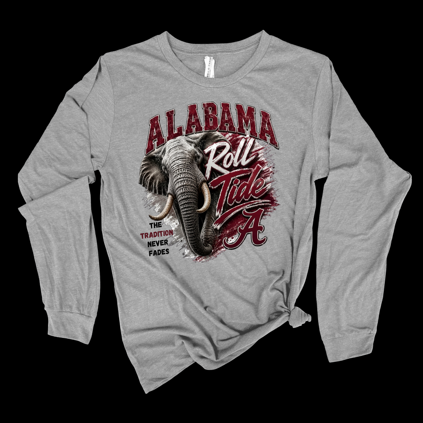 A heather gray long-sleeve t-shirt with a graphic of an Alabama Crimson Tide elephant and the text 'ALABAMA Roll Tide' on a black background.