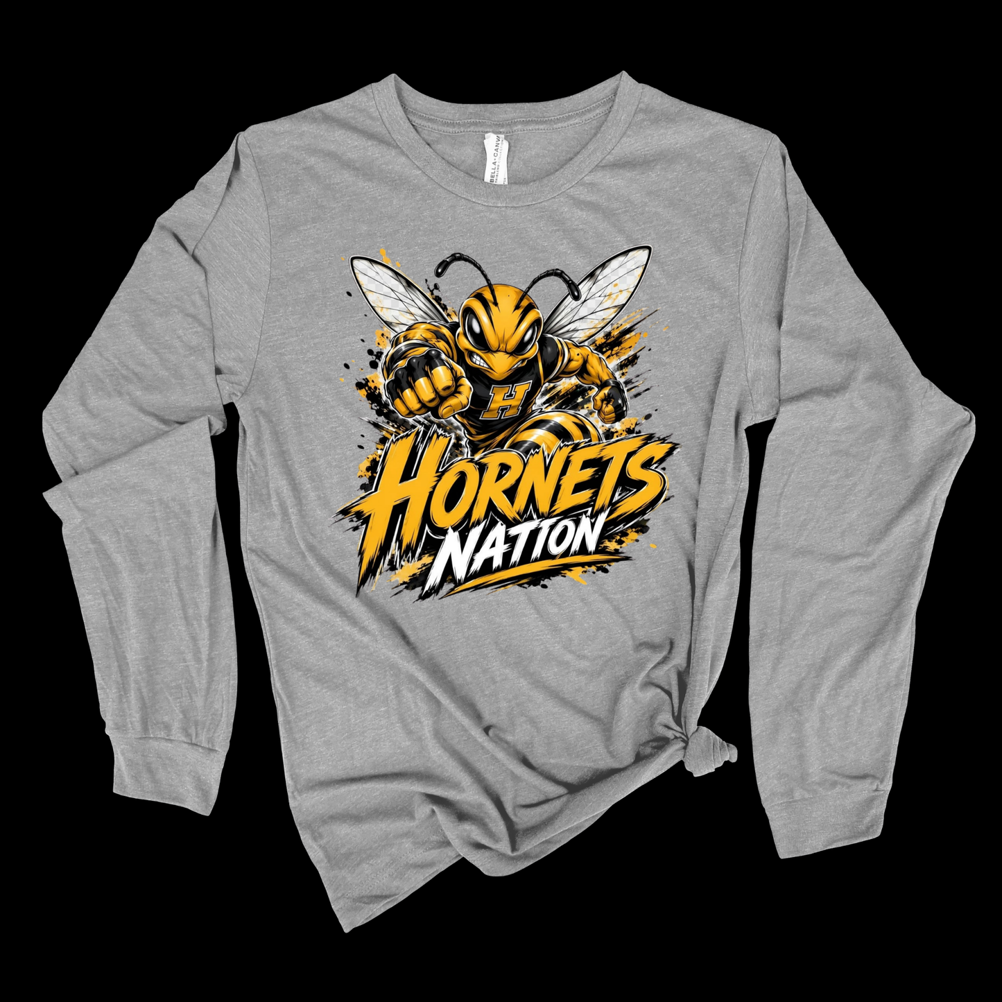 A heather gray long-sleeve t-shirt with a graphic of a yellow and black hornet and the text 'Hornets Nation' on the front, displayed against a solid black background.