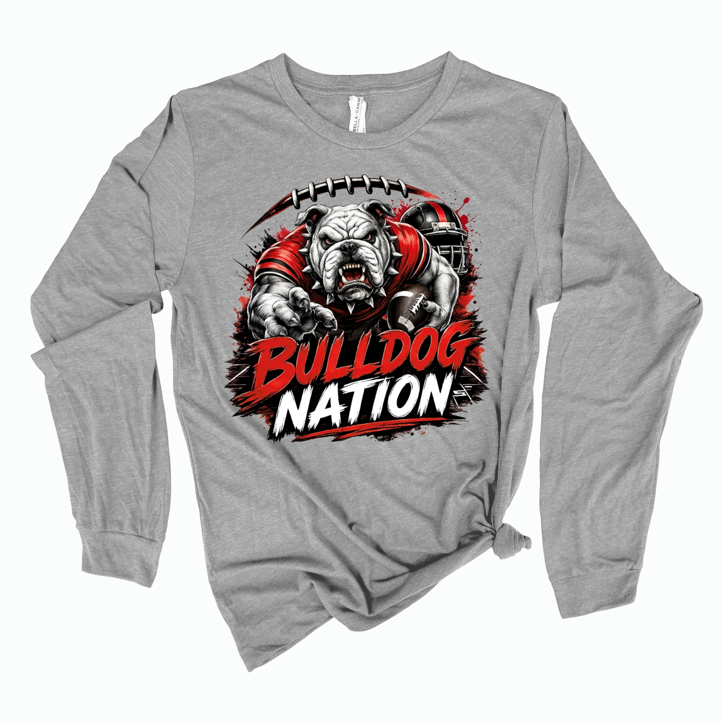 A heather gray long-sleeve t-shirt with a graphic of a bulldog wearing football gear and the text 'BULLDOG NATION' in red and white, displayed on a clean white background.