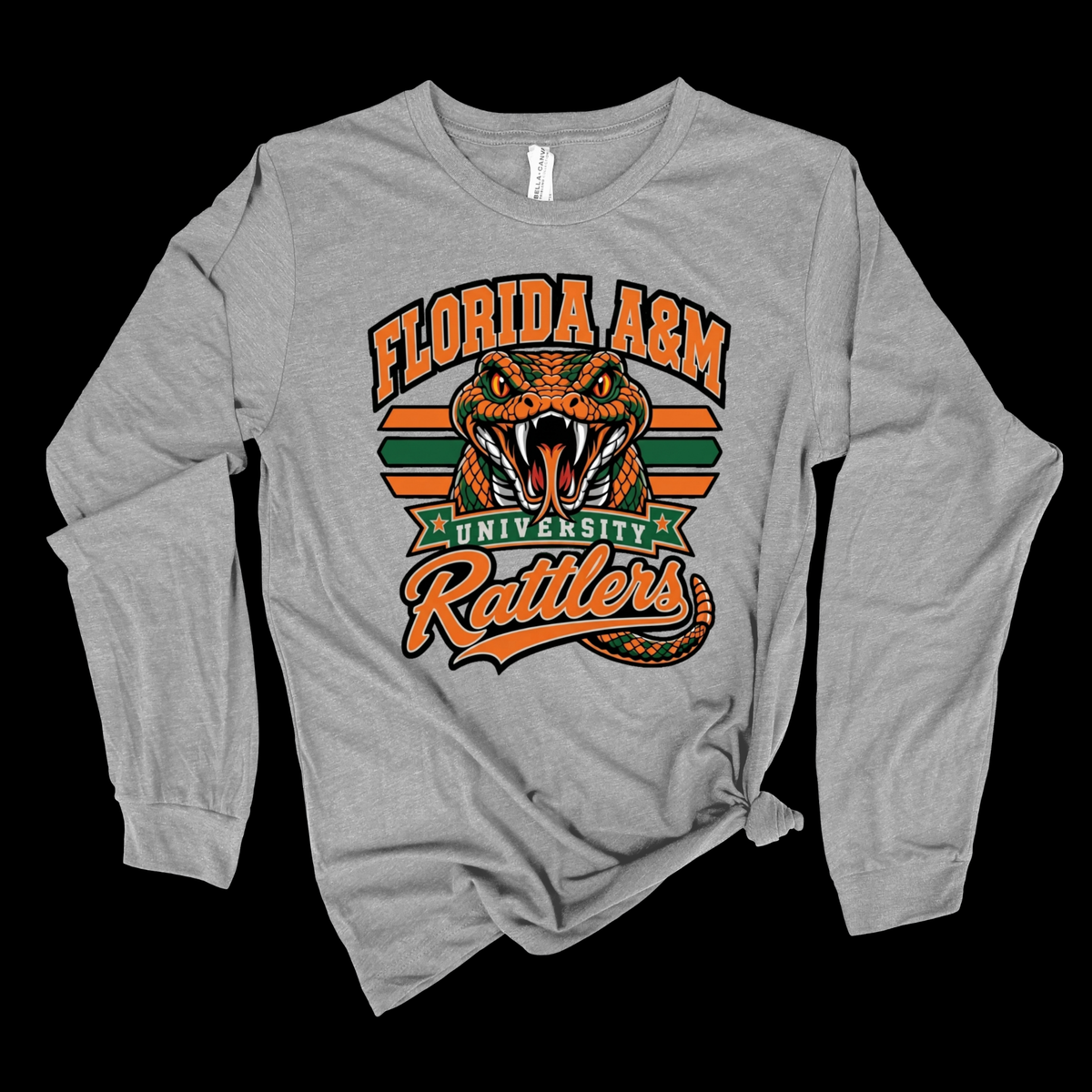A heather gray long-sleeve t-shirt with a distressed graphic of a rattlesnake and the text 'FLORIDA A&M UNIVERSITY Rattlers' in orange and green, displayed flat against a black background.