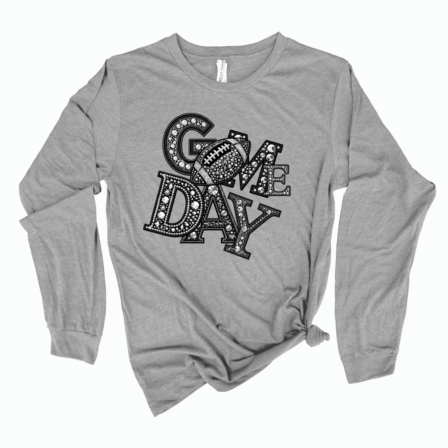 A heather gray long-sleeve t-shirt with a graphic spelling 'GME DAY' in black marquee-style letters filled with white dots, shown on a plain white background.