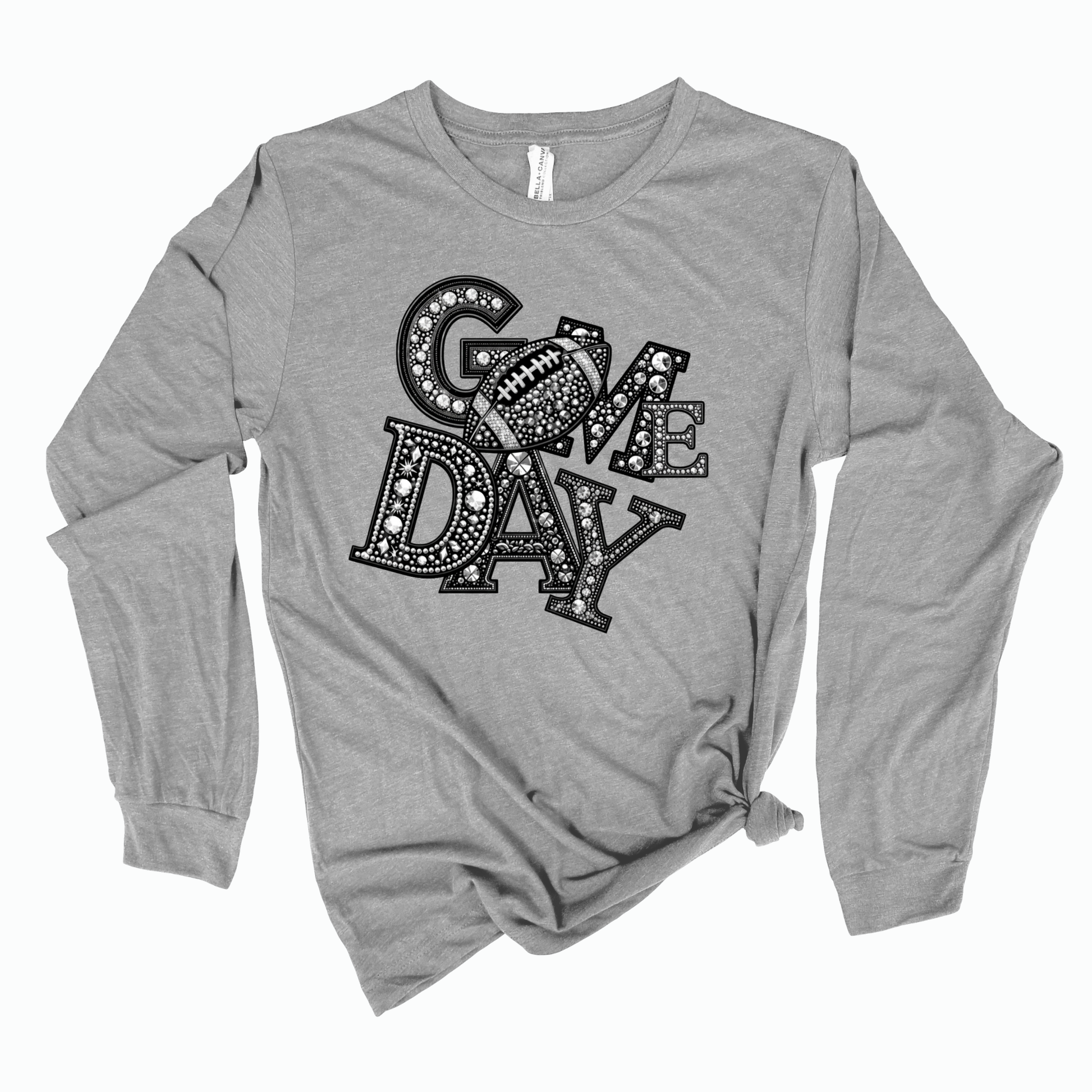 A heather gray long-sleeve t-shirt with a graphic spelling 'GME DAY' in black marquee-style letters filled with white dots, shown on a plain white background.