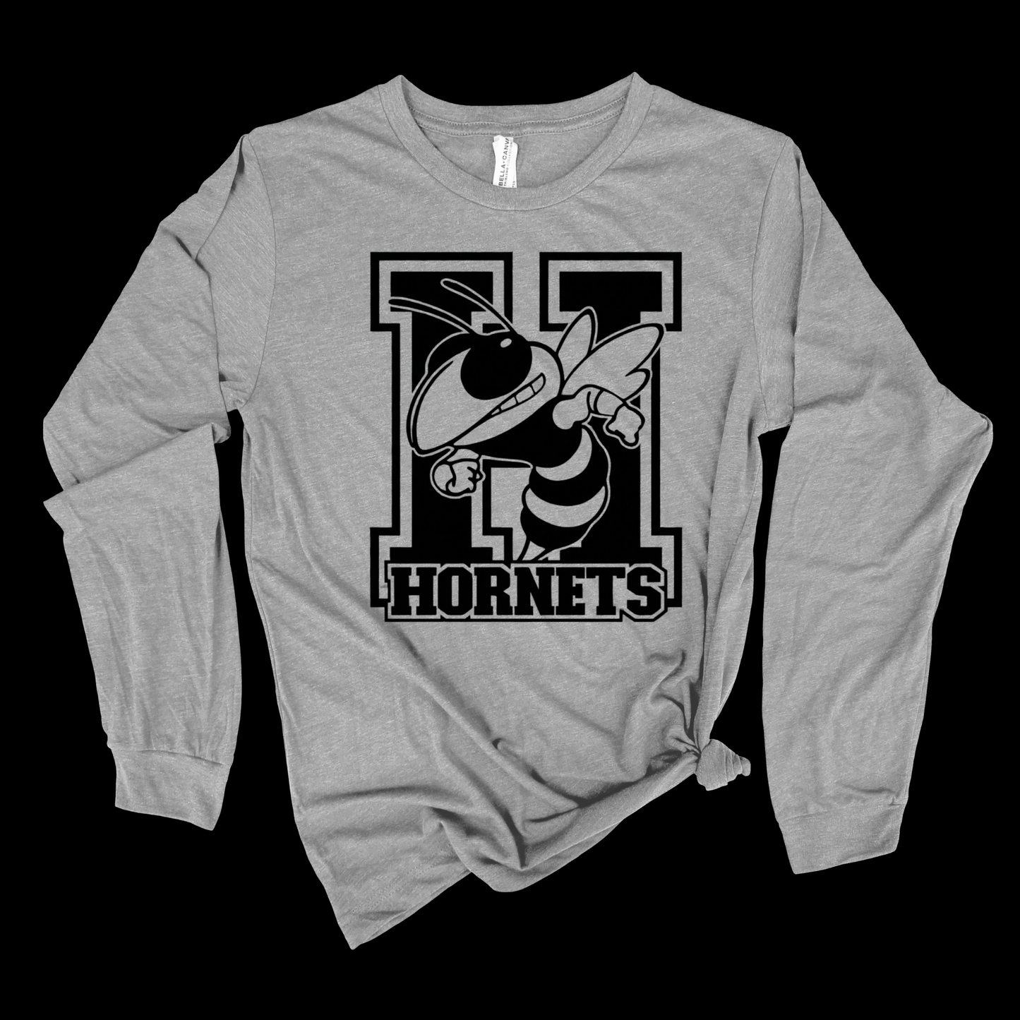 A heather gray long-sleeve t-shirt with a black and white graphic of a hornet mascot inside a large letter 'H' and the word 'HORNETS' underneath, shown on a solid black background.