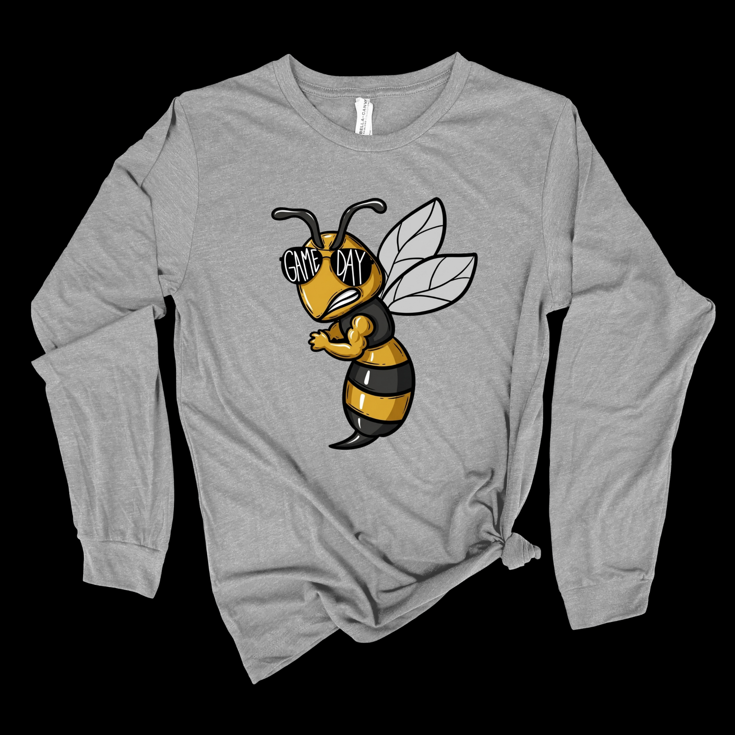 A heather gray long-sleeve t-shirt with a graphic of a cartoon bee wearing black and yellow stripes and sunglasses that read 'GOT DAY'. The shirt is displayed flat against a solid black background.