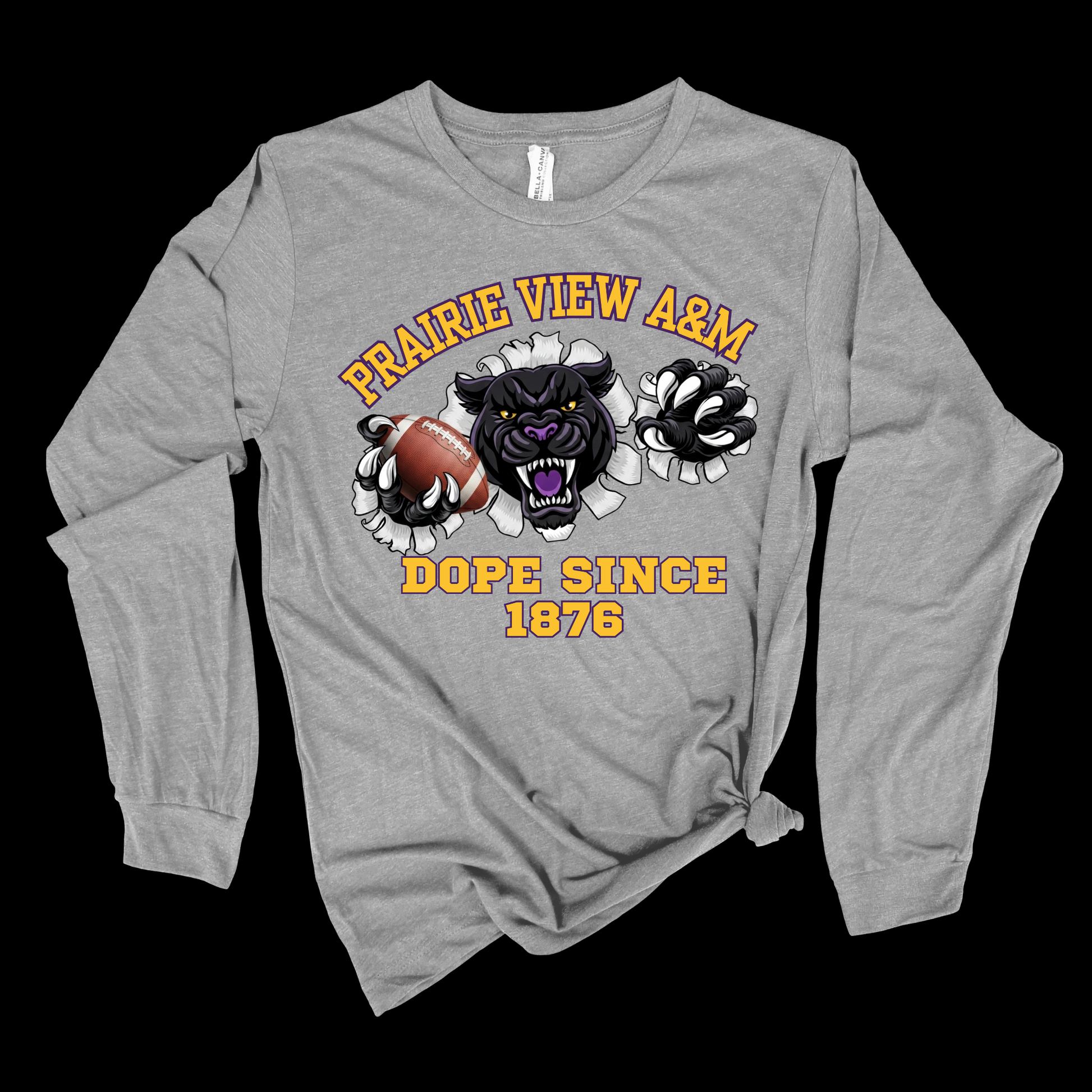 A heather gray long-sleeve t-shirt with a distressed graphic on the front featuring a black panther, football, and paw prints with the text 'PRAIRIE VIEW A&M DOPE SINCE 1876'.