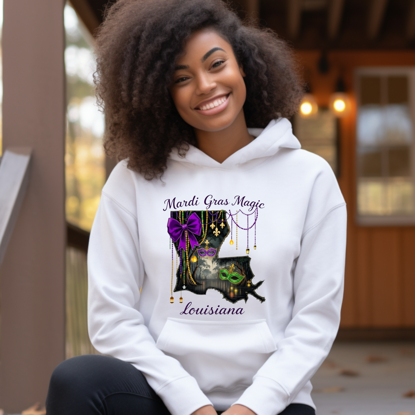 Person wearing a white hoodie with Mardi Gras Magic and Louisiana design.