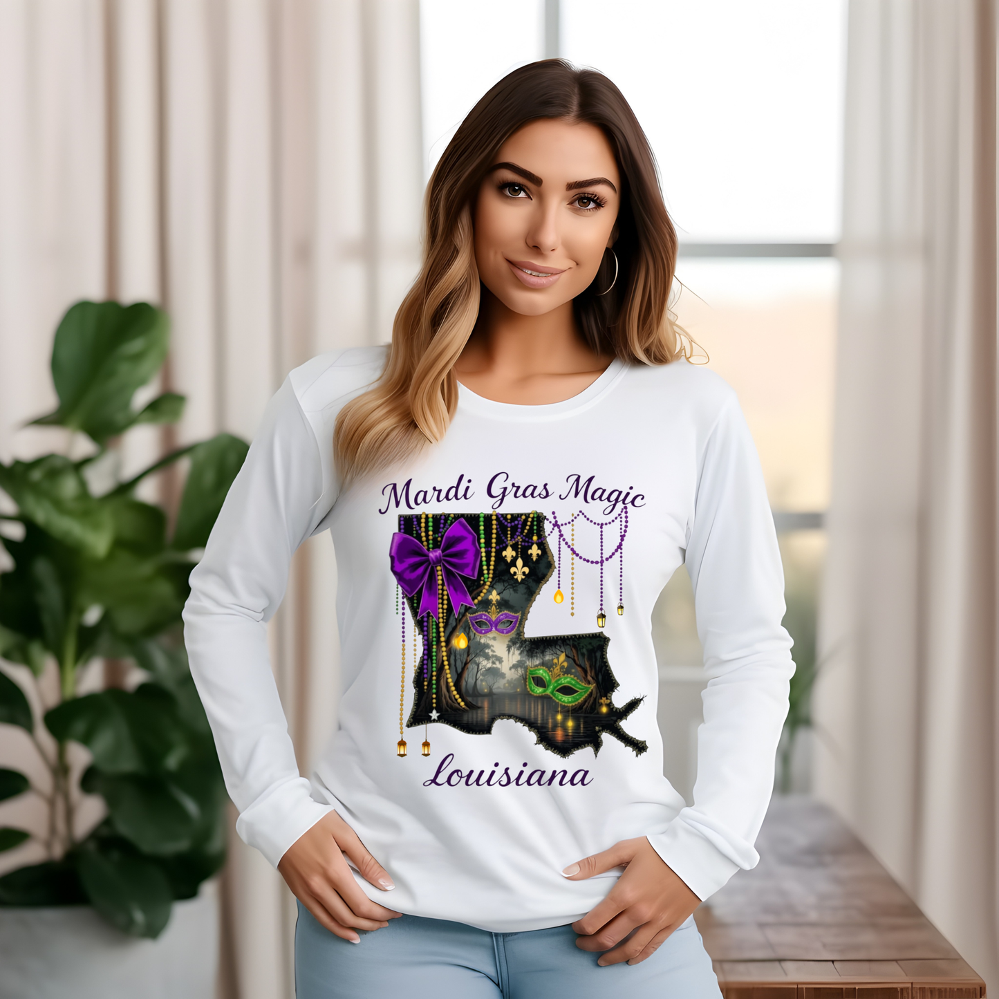 Woman wearing a white long-sleeve shirt with Mardi Gras-themed design indoors.