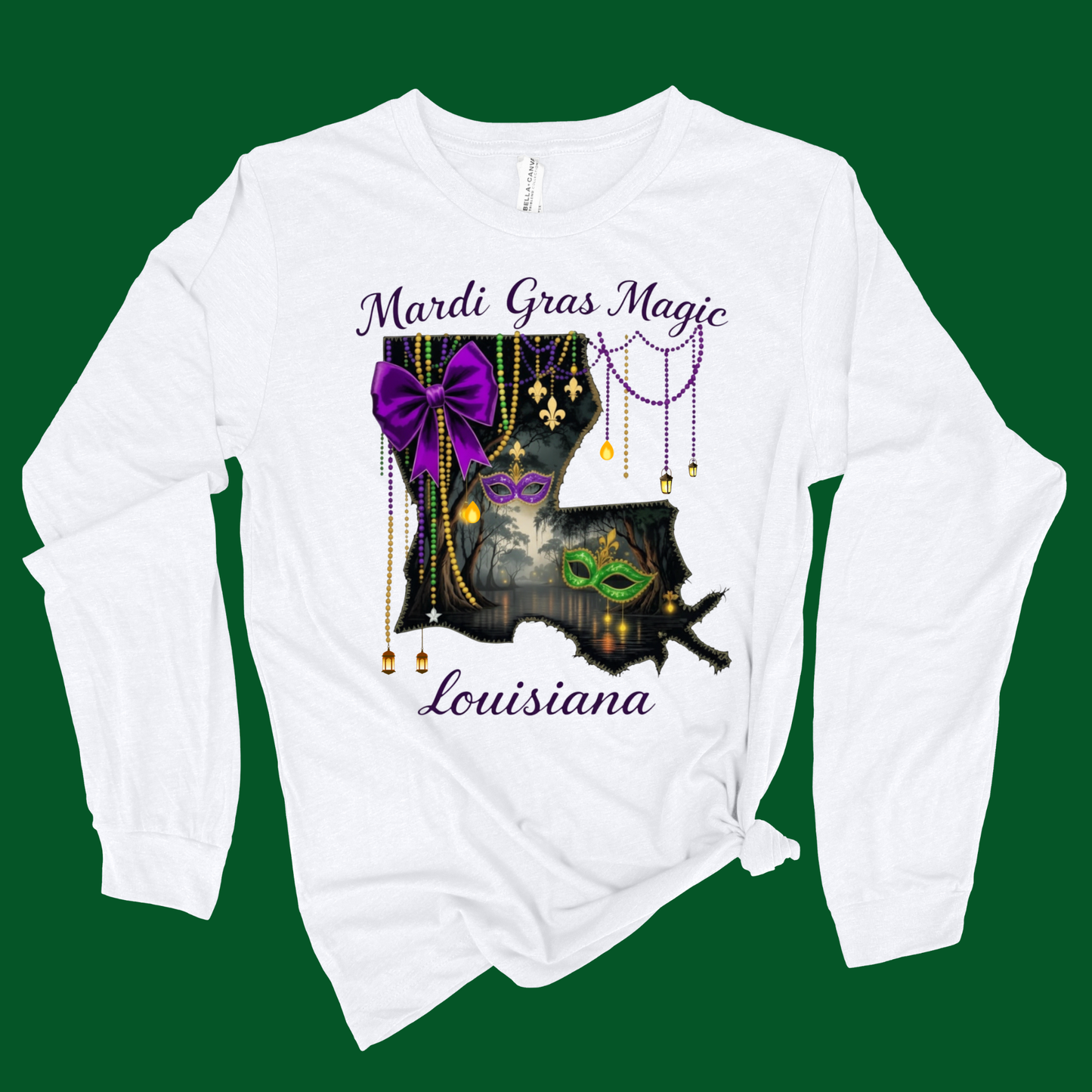 White sweatshirt with Mardi Gras-themed design featuring beads, a mask, and the text 'Mardi Gras Magic Louisiana' on a white background.