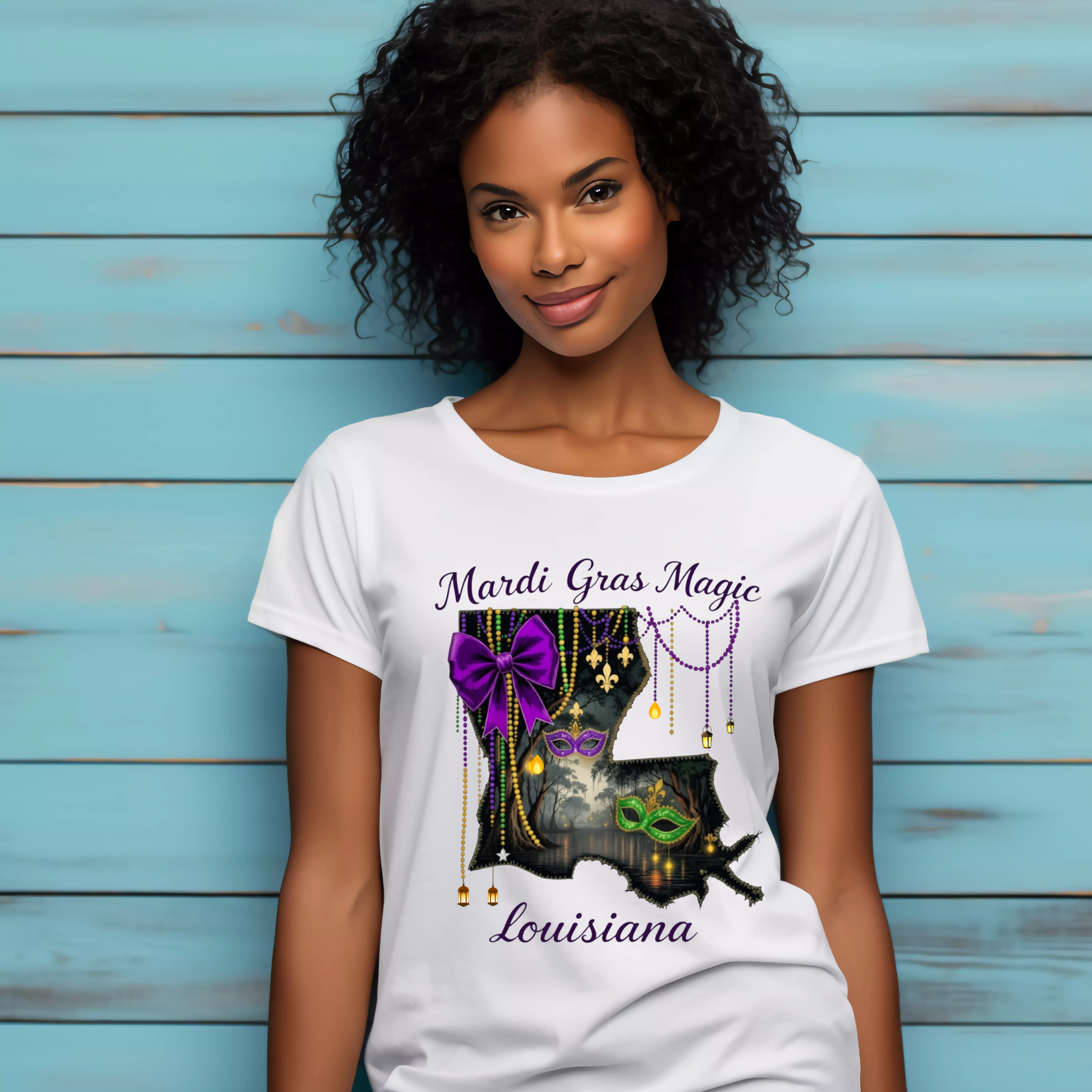 Woman wearing a white t-shirt with Mardi Gras-themed design against a blue wooden background