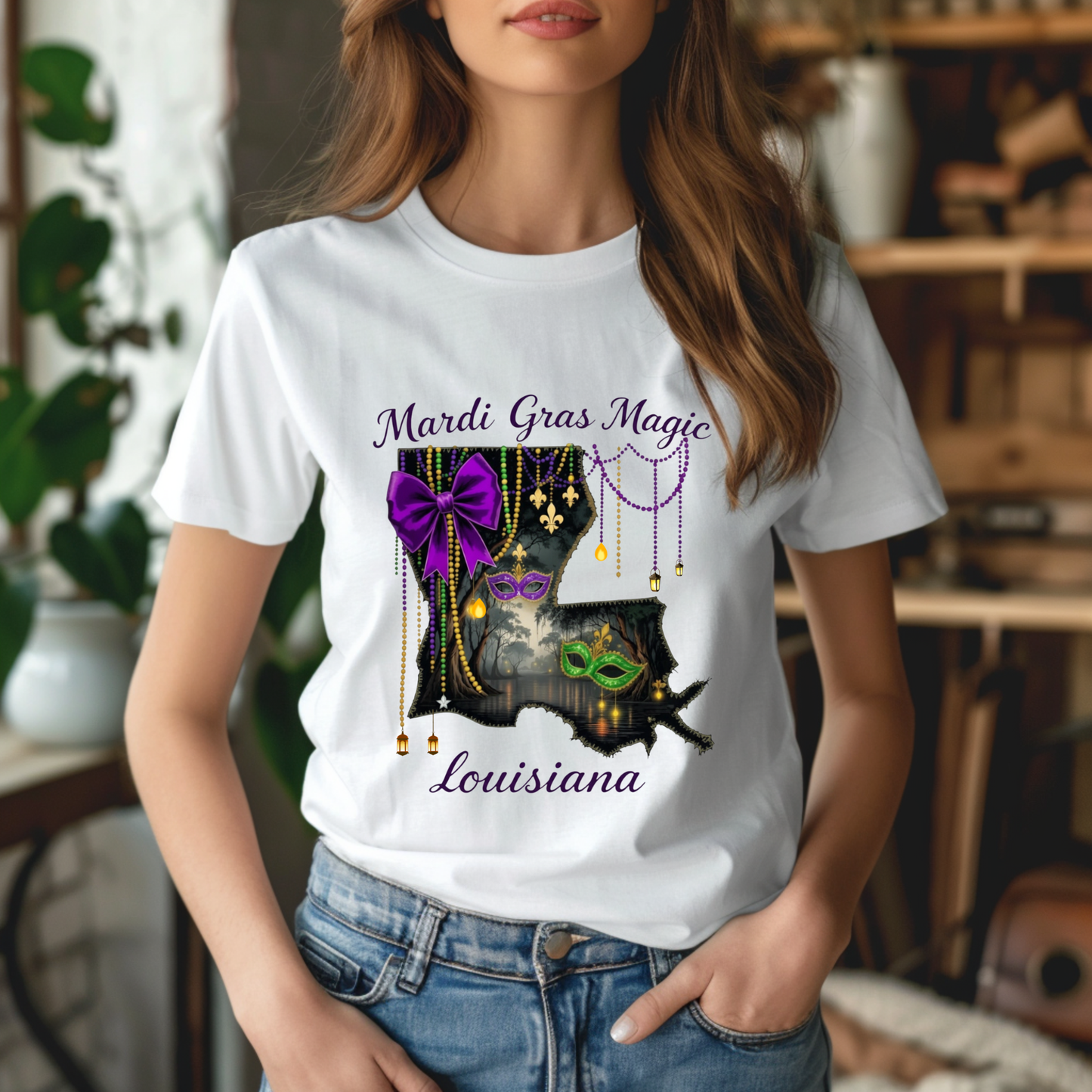 Person wearing a white t-shirt with Mardi Gras-themed design featuring Louisiana.