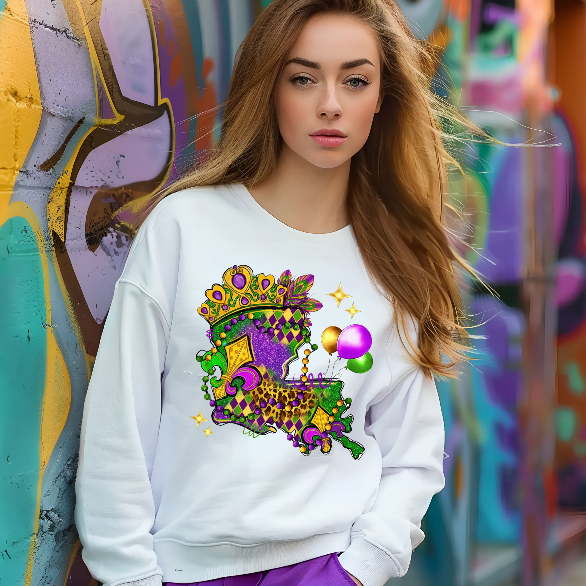 Woman wearing a white sweatshirt with a colorful design in front of a graffiti wall.