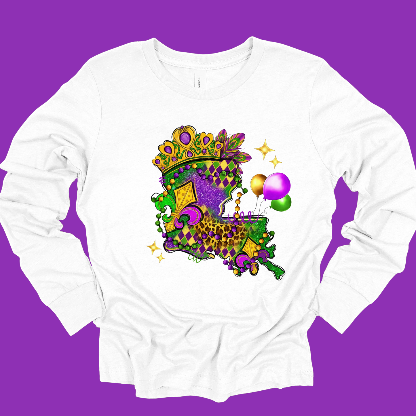 White long-sleeve shirt with a colorful Mardi Gras-themed design on a purple background