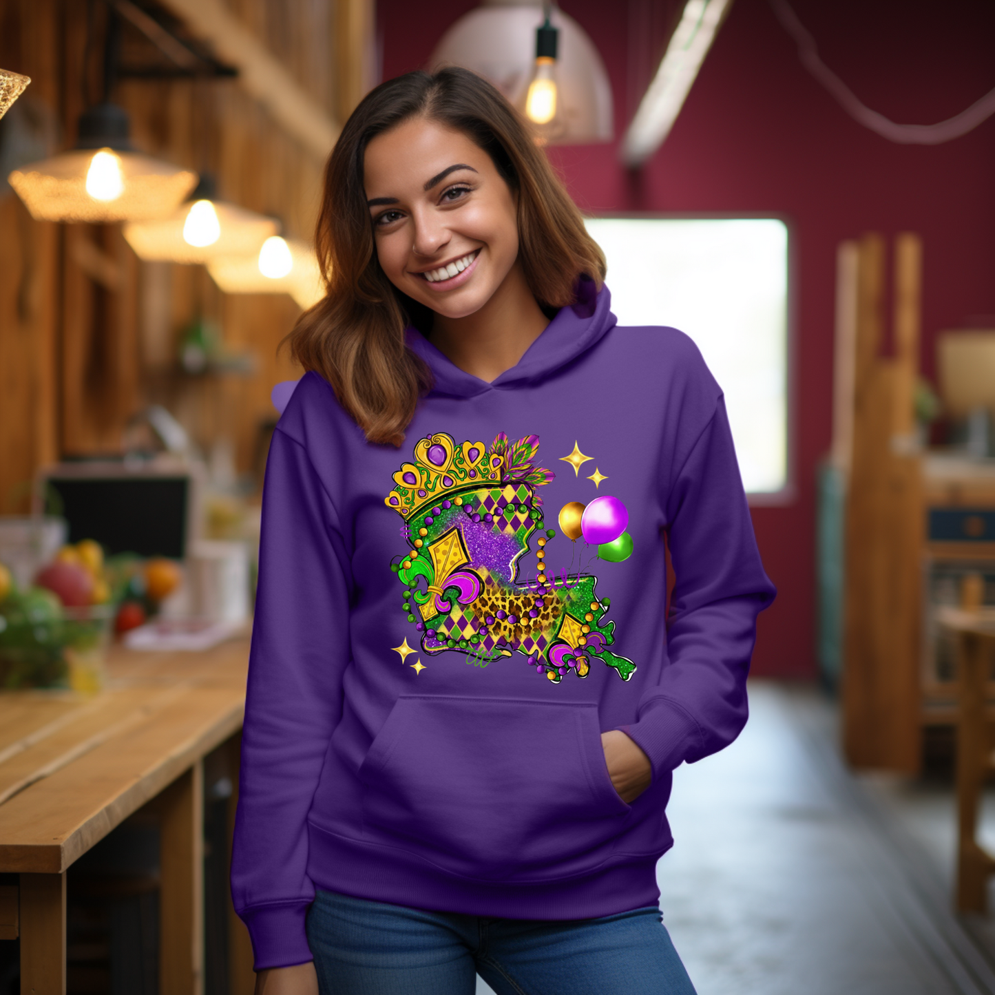 Woman wearing a purple hoodie with a colorful design in a kitchen setting