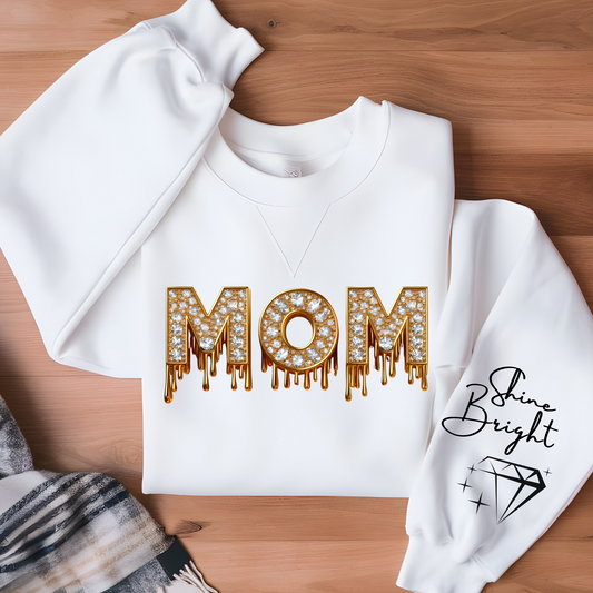 
Women wearing white mom faux diamond sparking bright mom sweatshirt a perfect mom sweater for chic mom gift on her birthday or Mother's Day gift.