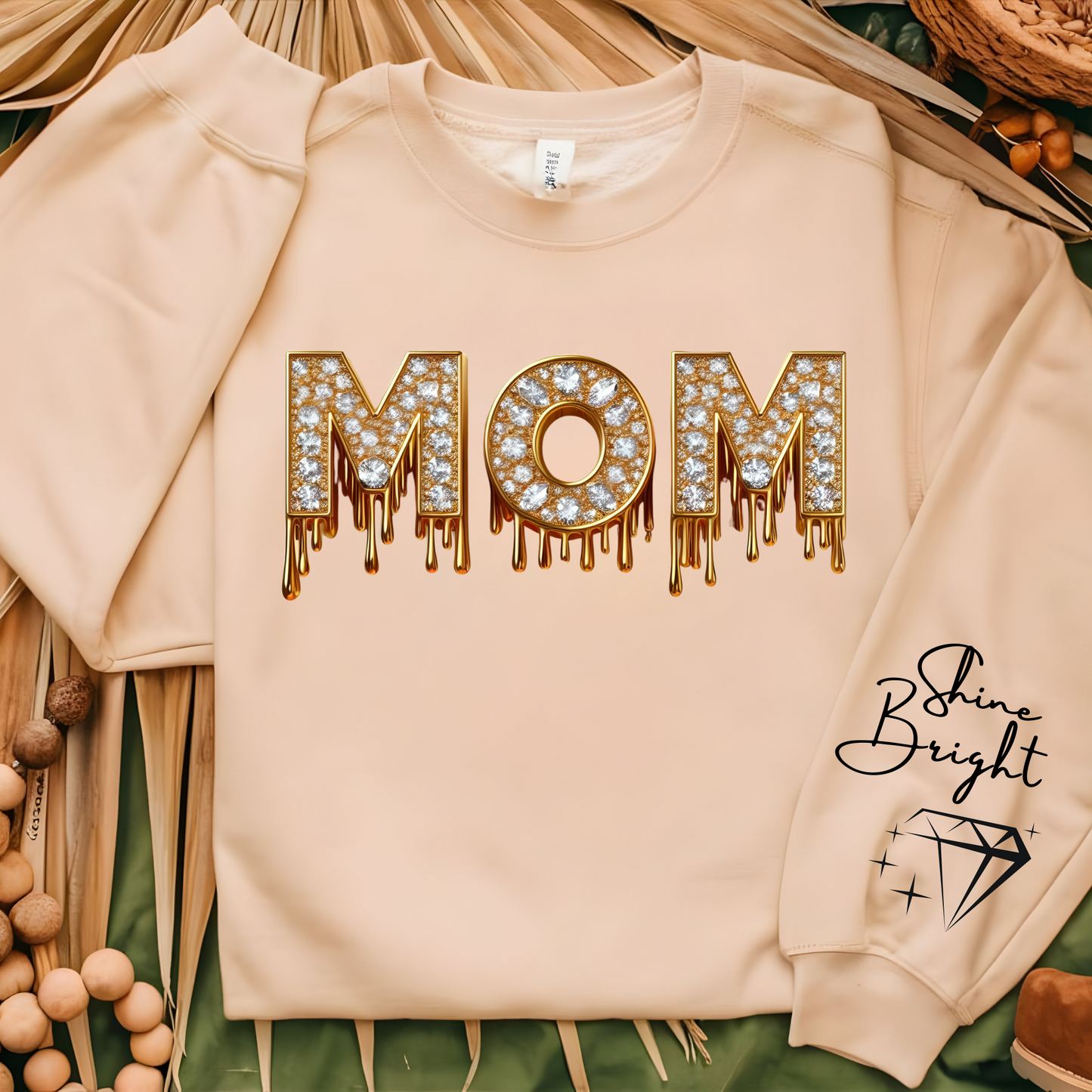 
Women wearing natural mom faux diamond sparking bright mom sweatshirt a perfect mom sweater for chic mom gift on her birthday or Mother's Day gift.