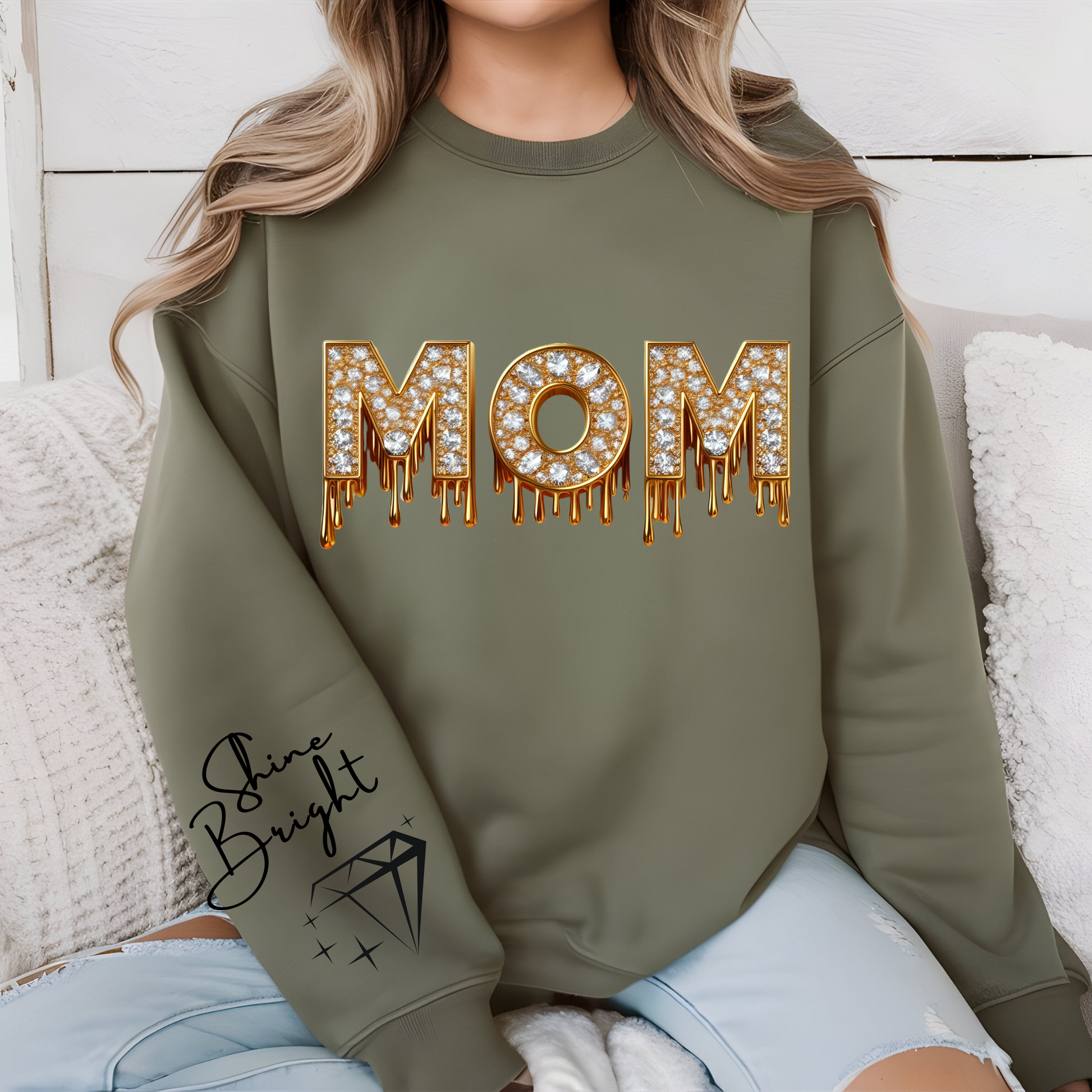 
Women wearing olive green mom faux diamond sparking bright mom sweatshirt a perfect mom sweater for chic mom gift on her birthday or Mother's Day gift.