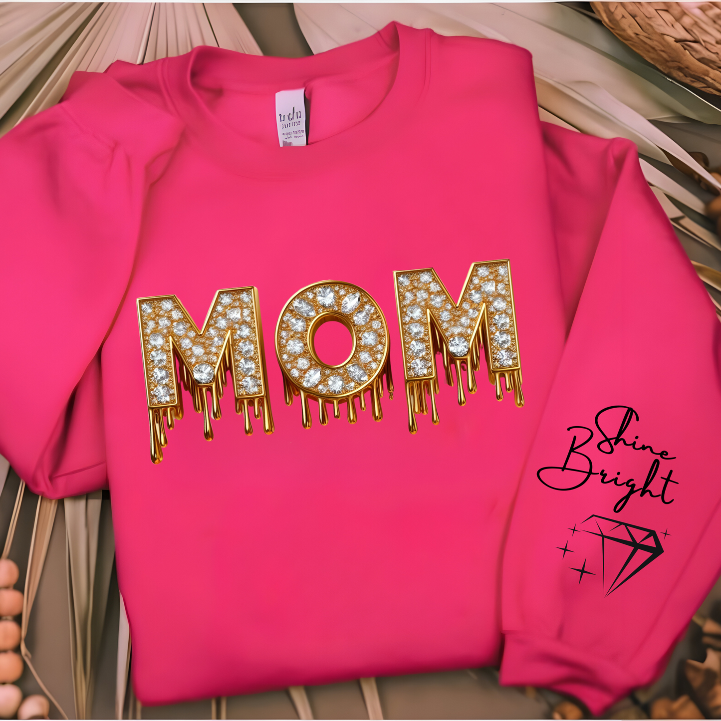 
Women wearing white mom faux diamond sparking bright mom sweatshirt a perfect mom sweater for chic mom gift on her birthday or Mother's Day gift.