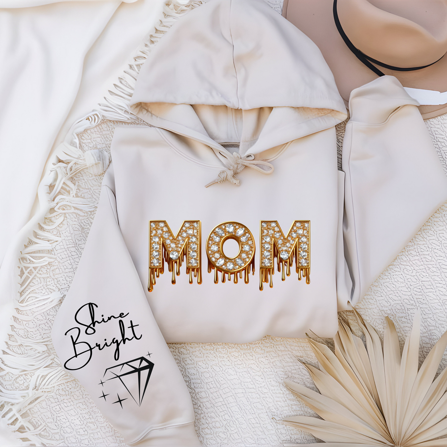 
Women wearing sand mom faux diamond sparking bright mom sweatshirt a perfect mom hoodie for chic mom gift on her birthday or Mother's Day gift.