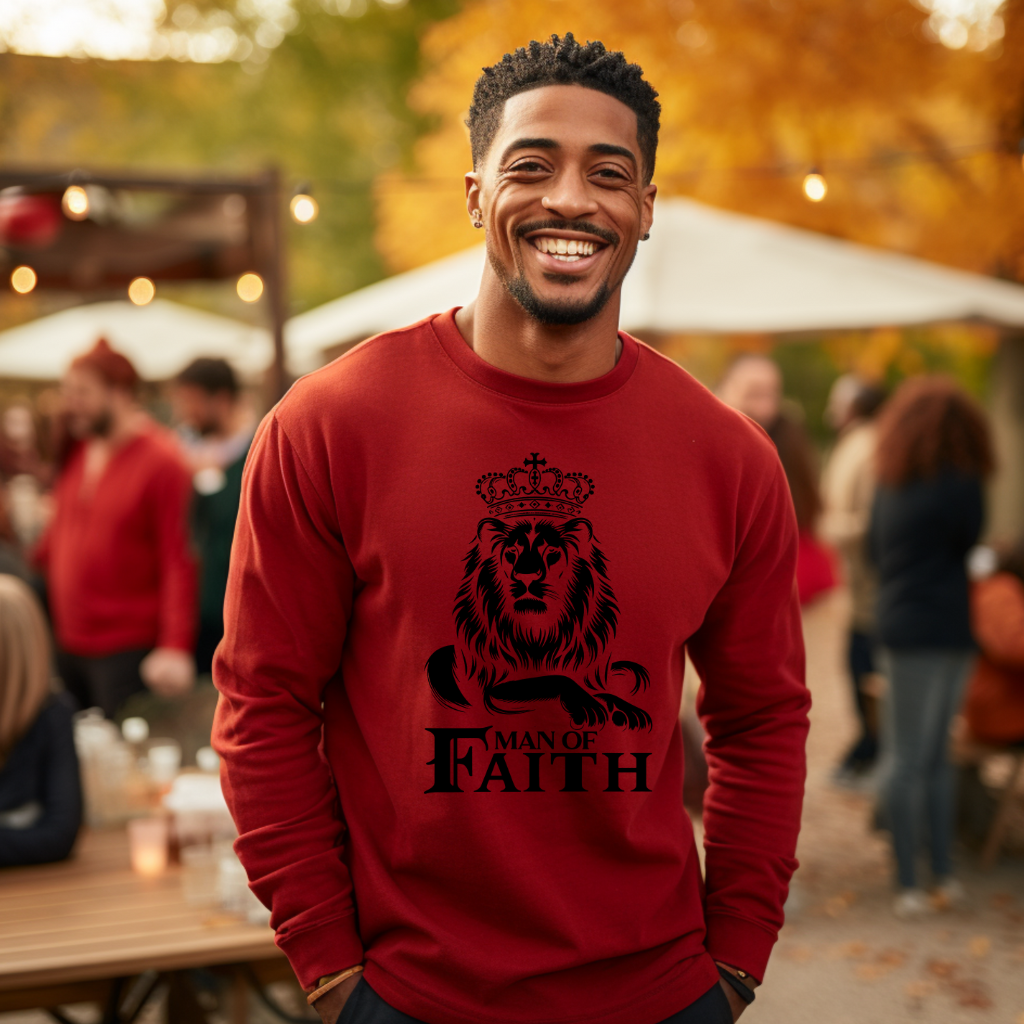 Man wearing a  red 'Man of Faith' sweatshirt with a gold Lion of Judah graphic, surrounded by people in an outdoor autumn setting. Christian faith  and Religious Men's Sweater apparel