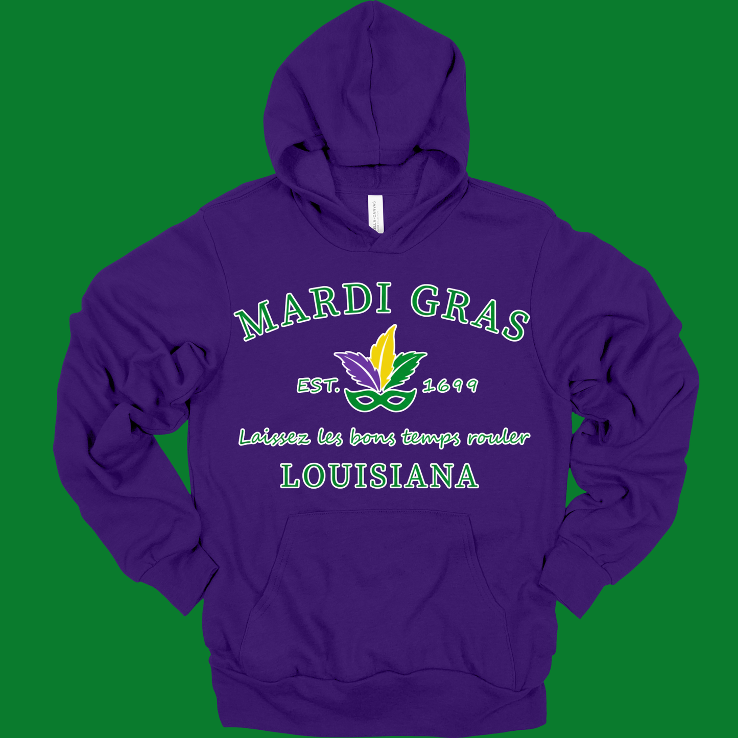 Purple hoodie with Mardi Gras Louisiana text and design on a green background