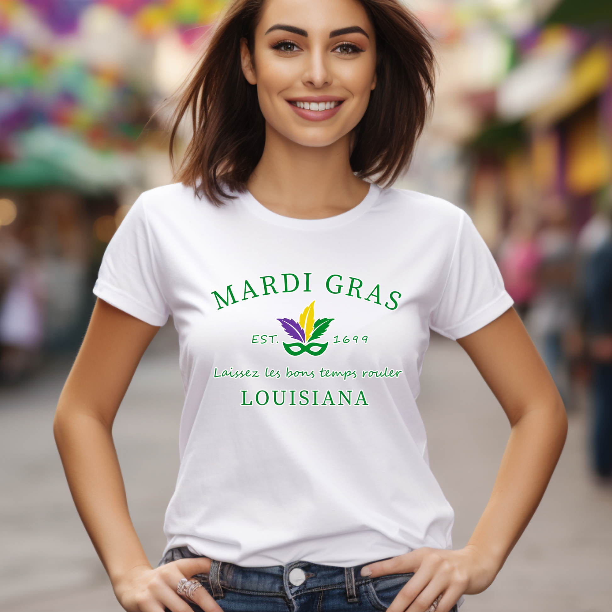 Woman wearing a white Mardi Gras t-shirt with colorful background