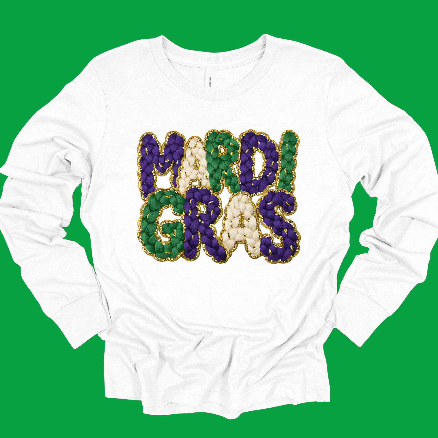White long-sleeve shirt with 'Mardi Gras' text in colorful beads on a green background