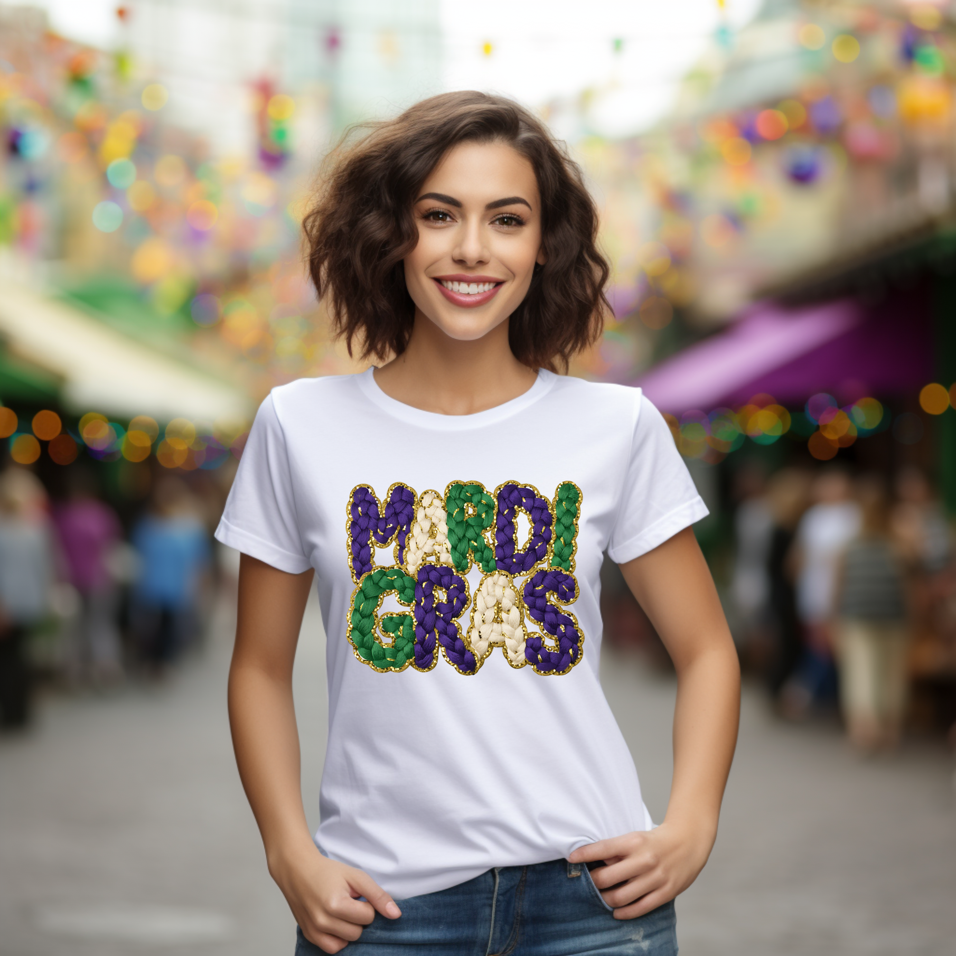 Woman wearing a 'MARDI GRAS' shirt in a festive outdoor setting