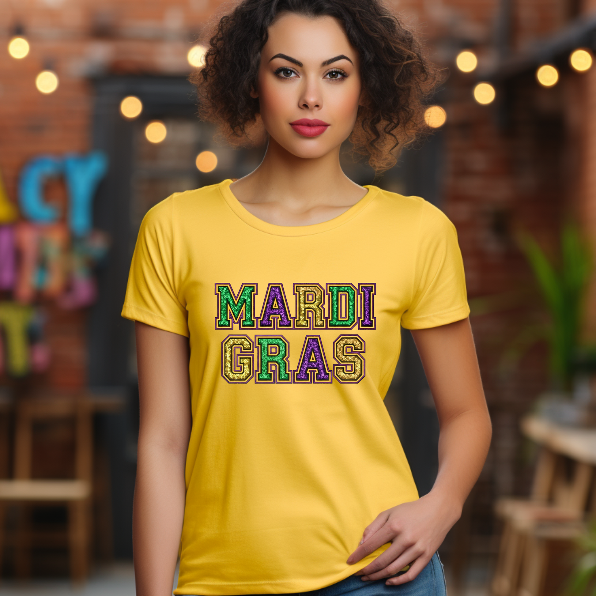 Woman wearing a yellow 'Mardi Gras' t-shirt in an outdoor setting with lights and decor.