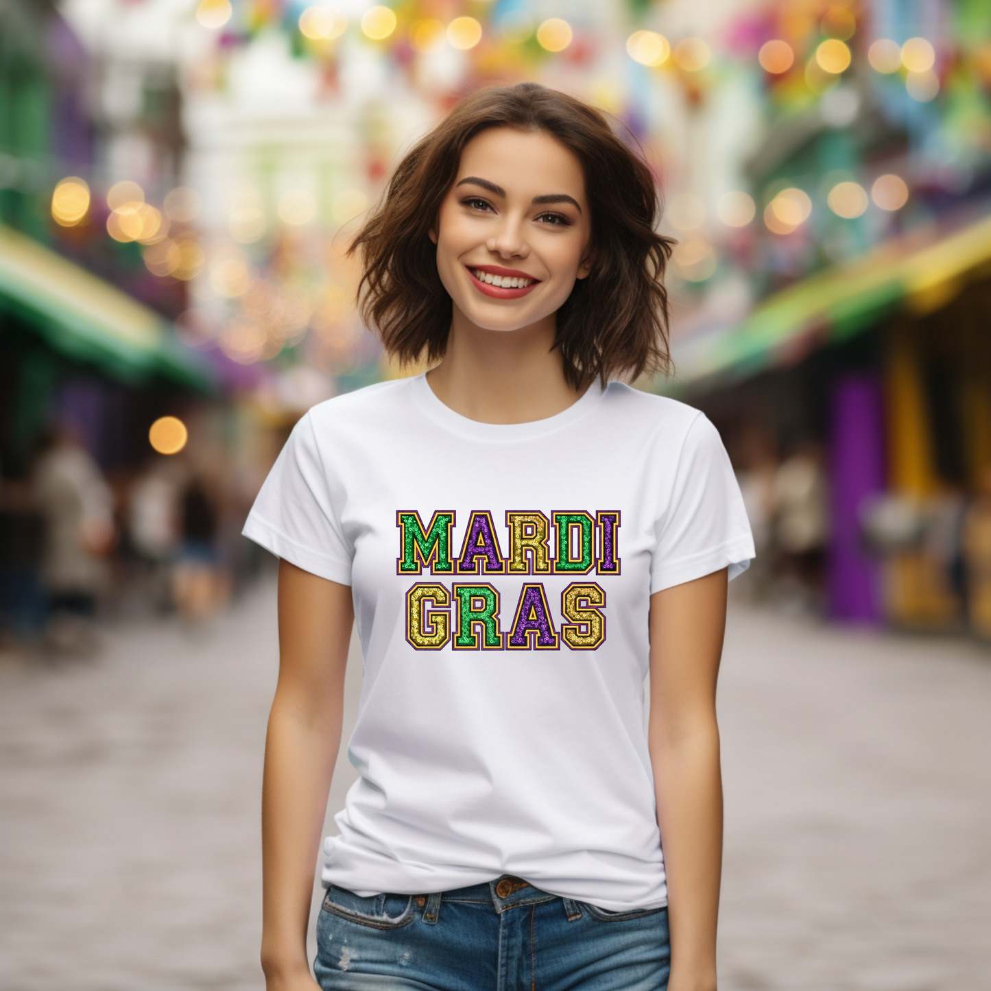 Woman wearing a 'Mardi Gras' t-shirt in a festive setting with blurred lights and decorations.
