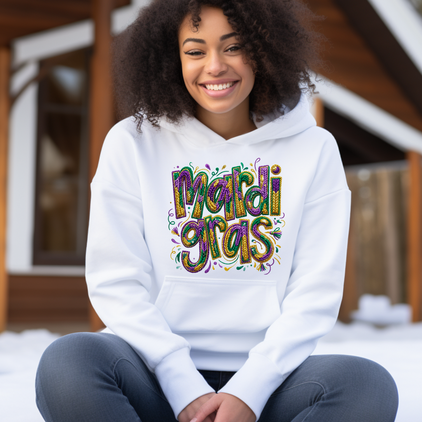 Person wearing a white hoodie with 'Mardi Gras' text, sitting outdoors.