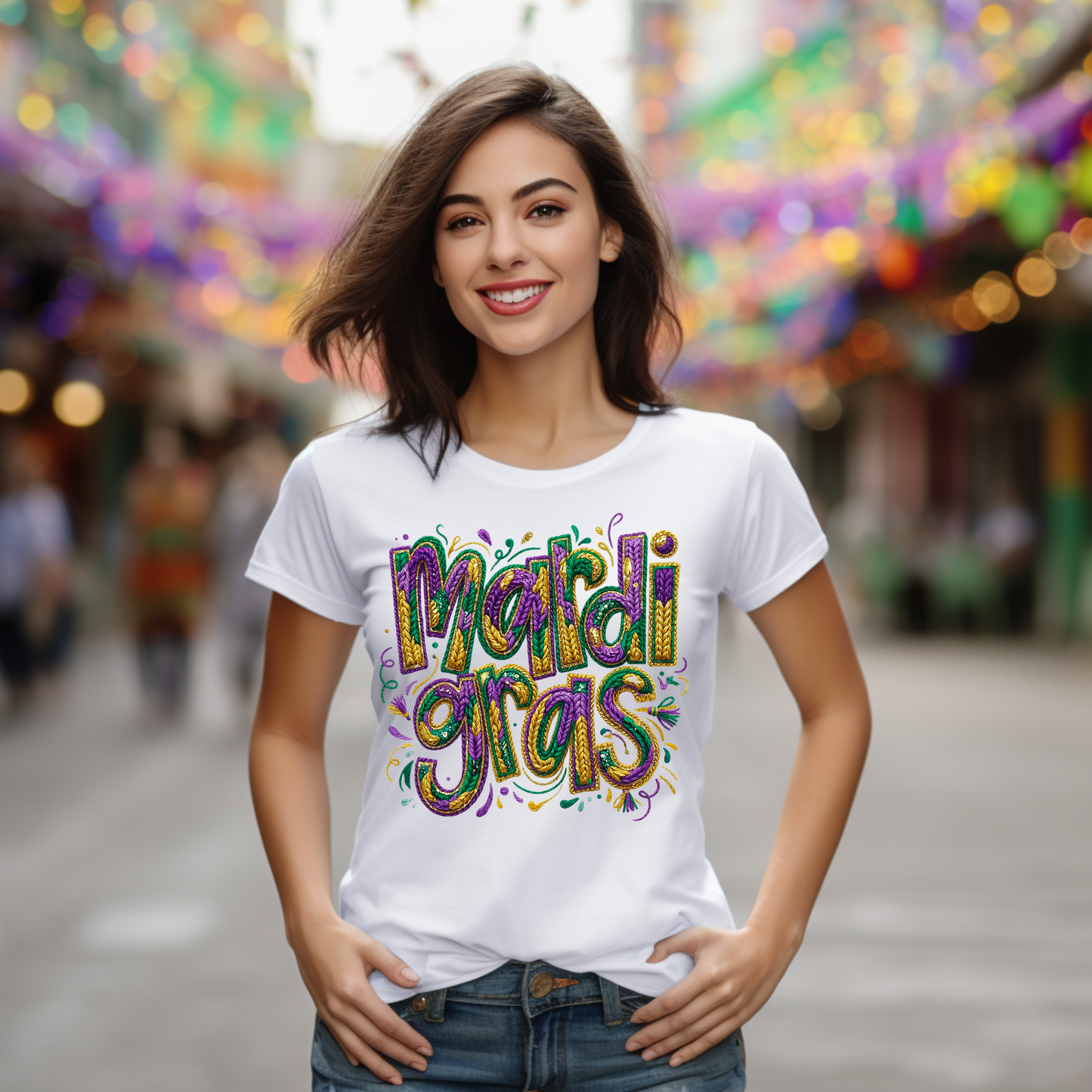 Woman wearing a white t-shirt with 'Mardi Gras' text in colorful letters, standing in a festive street.