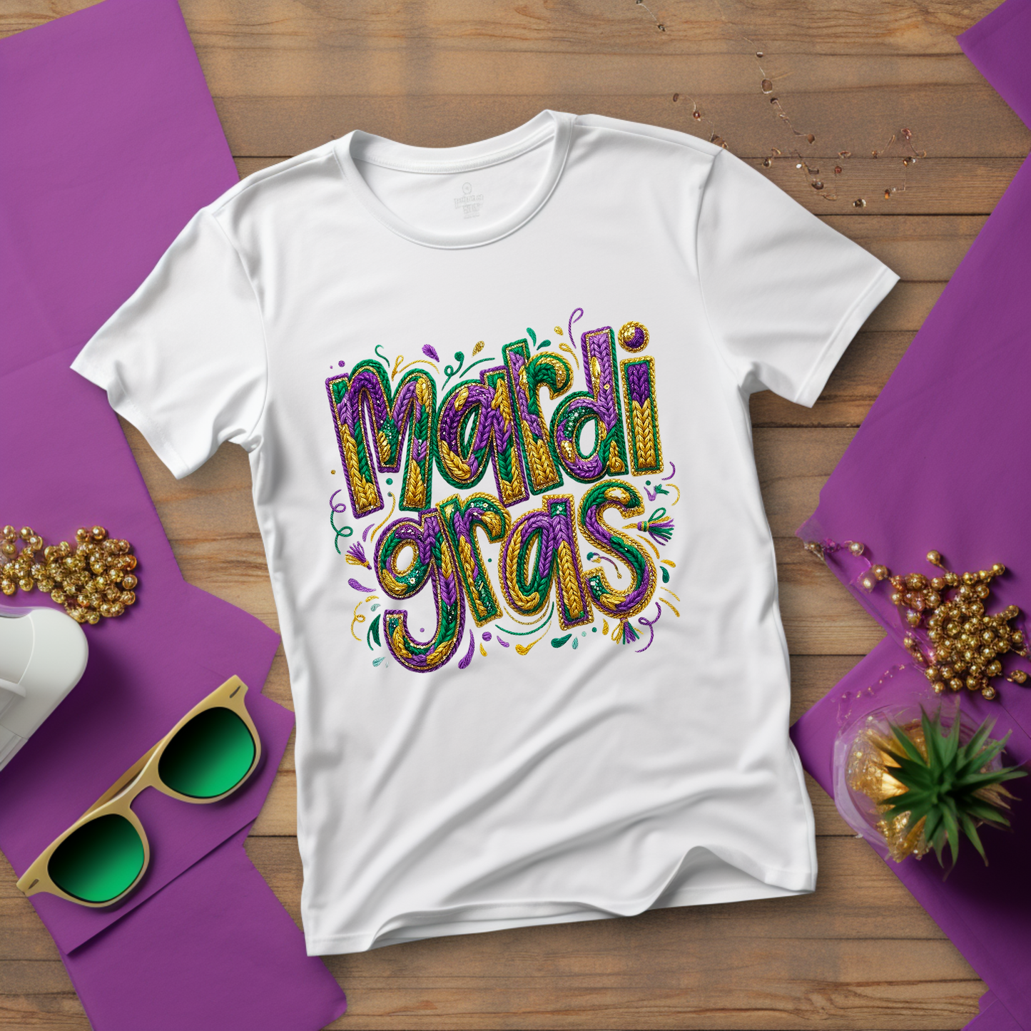 White t-shirt with colorful 'Mardi Gras' text on a wooden surface with decorative items.