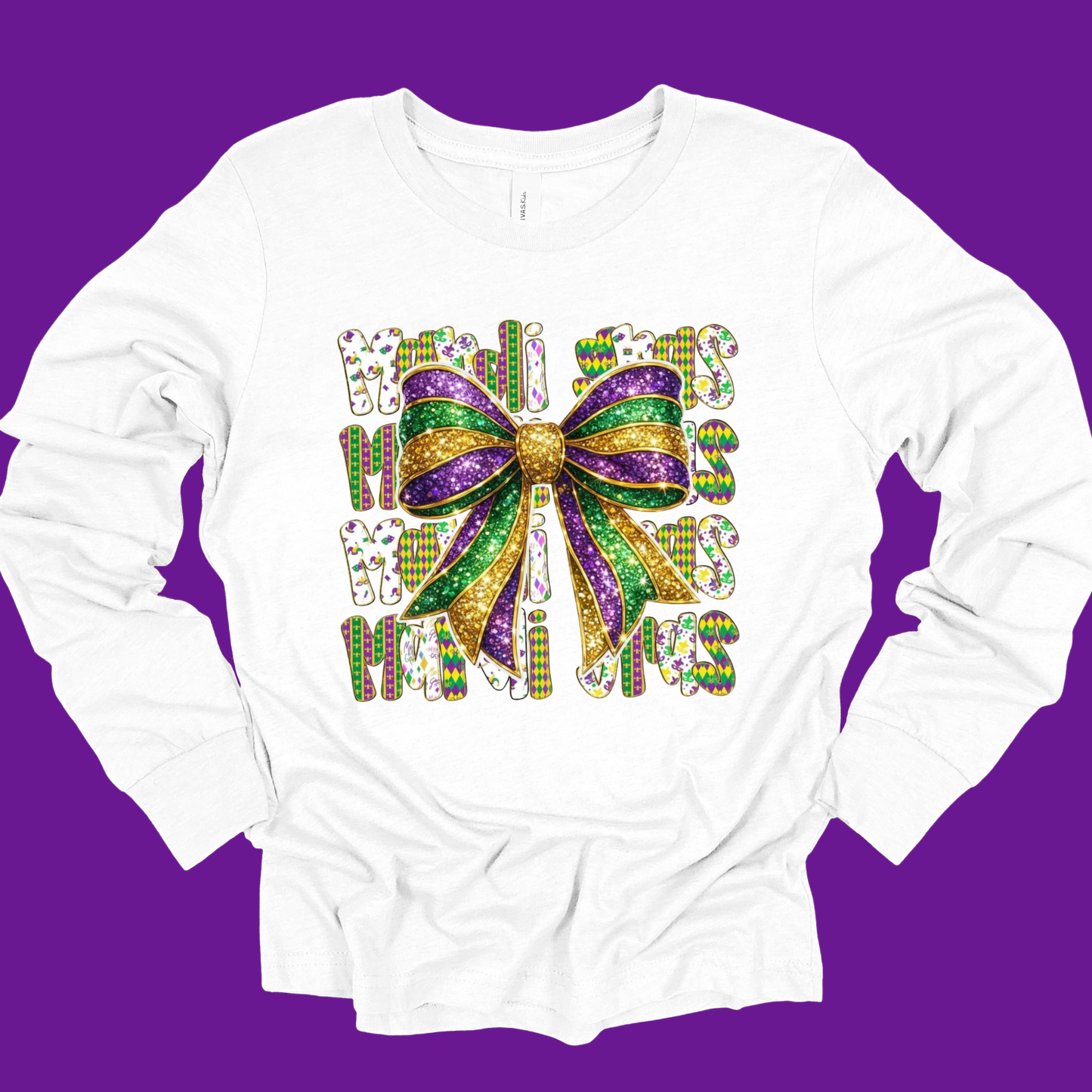 White long-sleeve shirt with a colorful bow design and text on a purple background