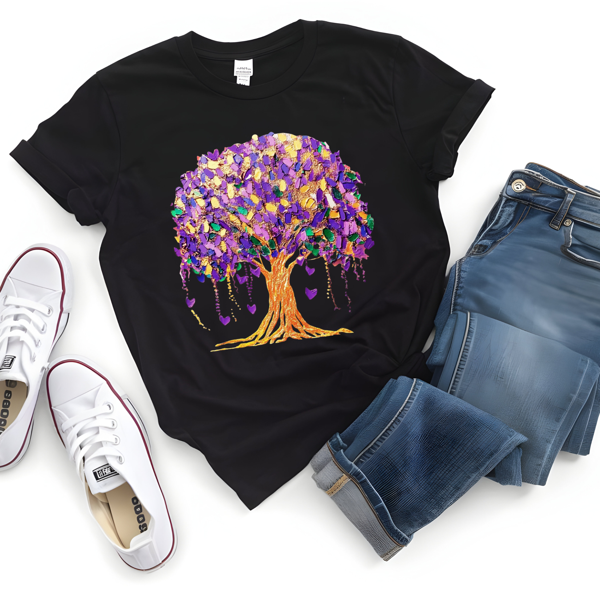 Black t-shirt with a colorful tree design, paired with blue jeans and white sneakers on a white background.