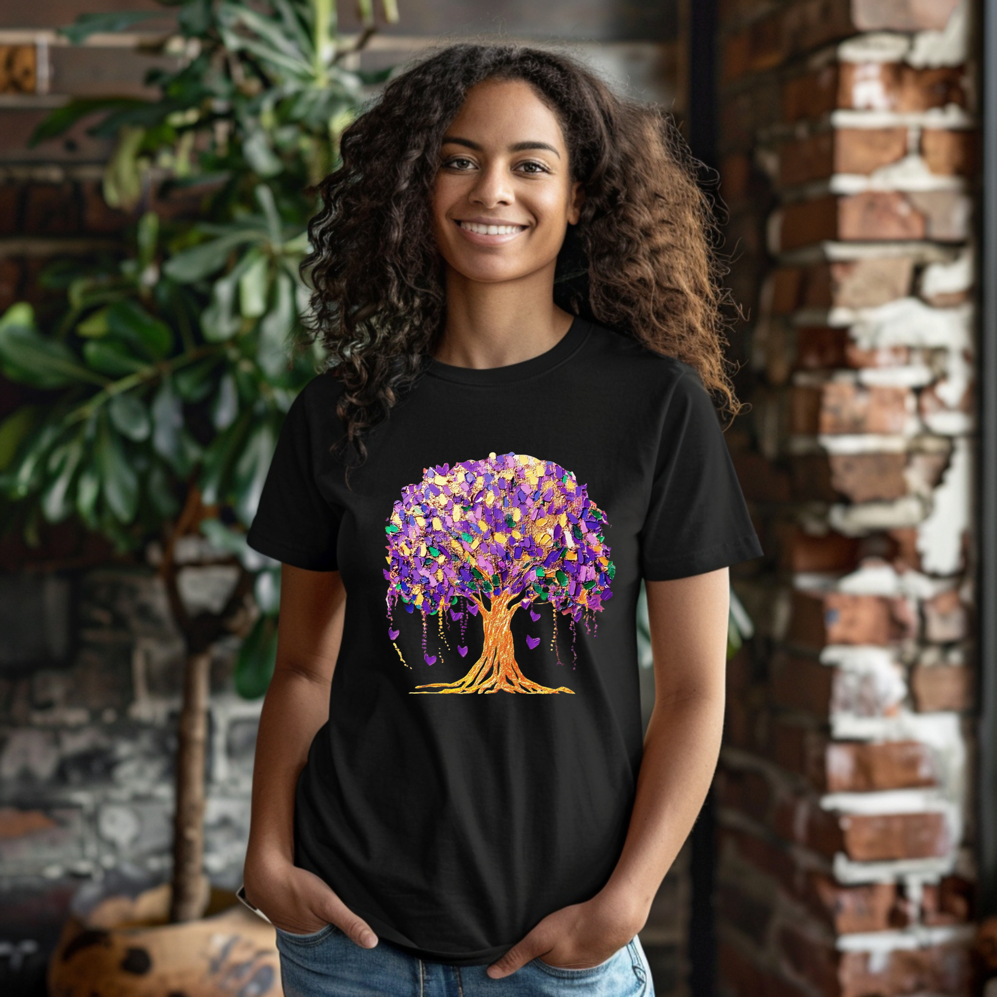 Person wearing a black t-shirt with a colorful tree design, standing in front of a brick wall.