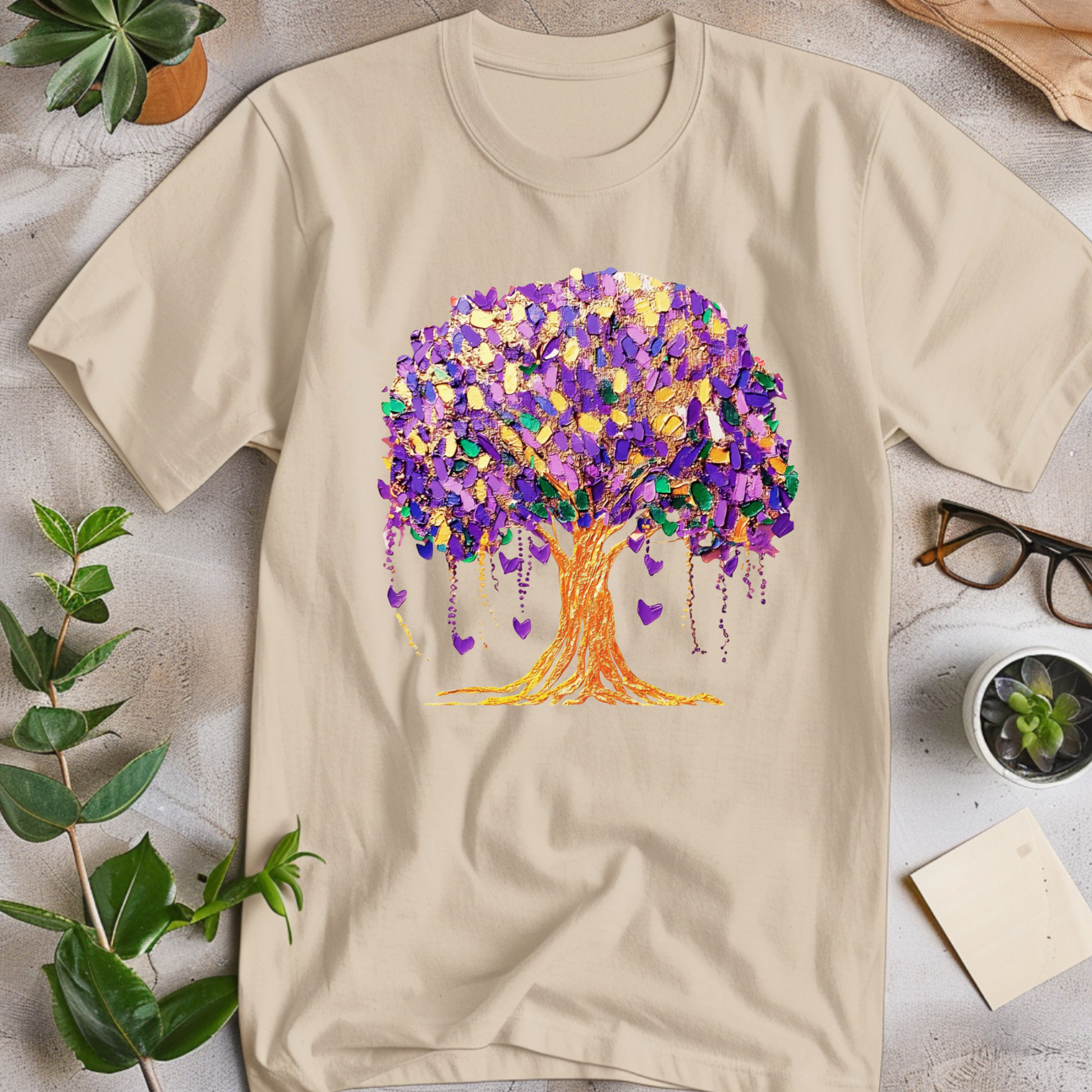 Beige t-shirt with a colorful tree design on a light surface with plants and glasses.