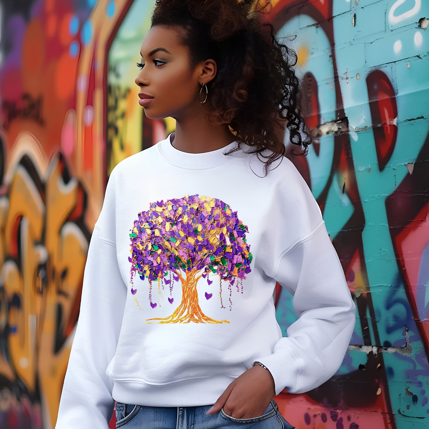 Person wearing a white sweatshirt with a colorful tree design in front of a graffiti wall.