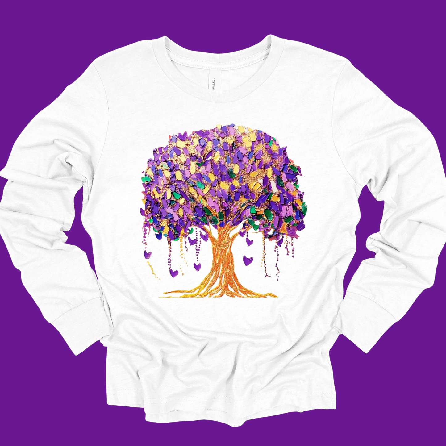 White long-sleeve shirt with a colorful tree design on a purple background