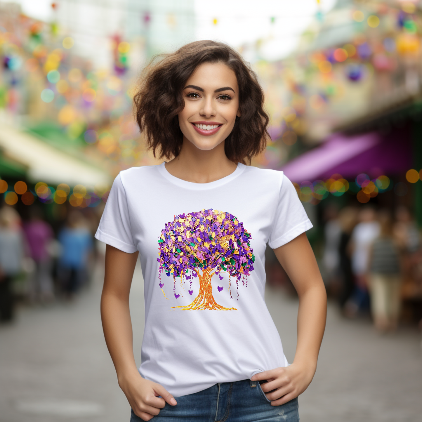 Woman wearing a white t-shirt with a colorful tree design in an outdoor setting.