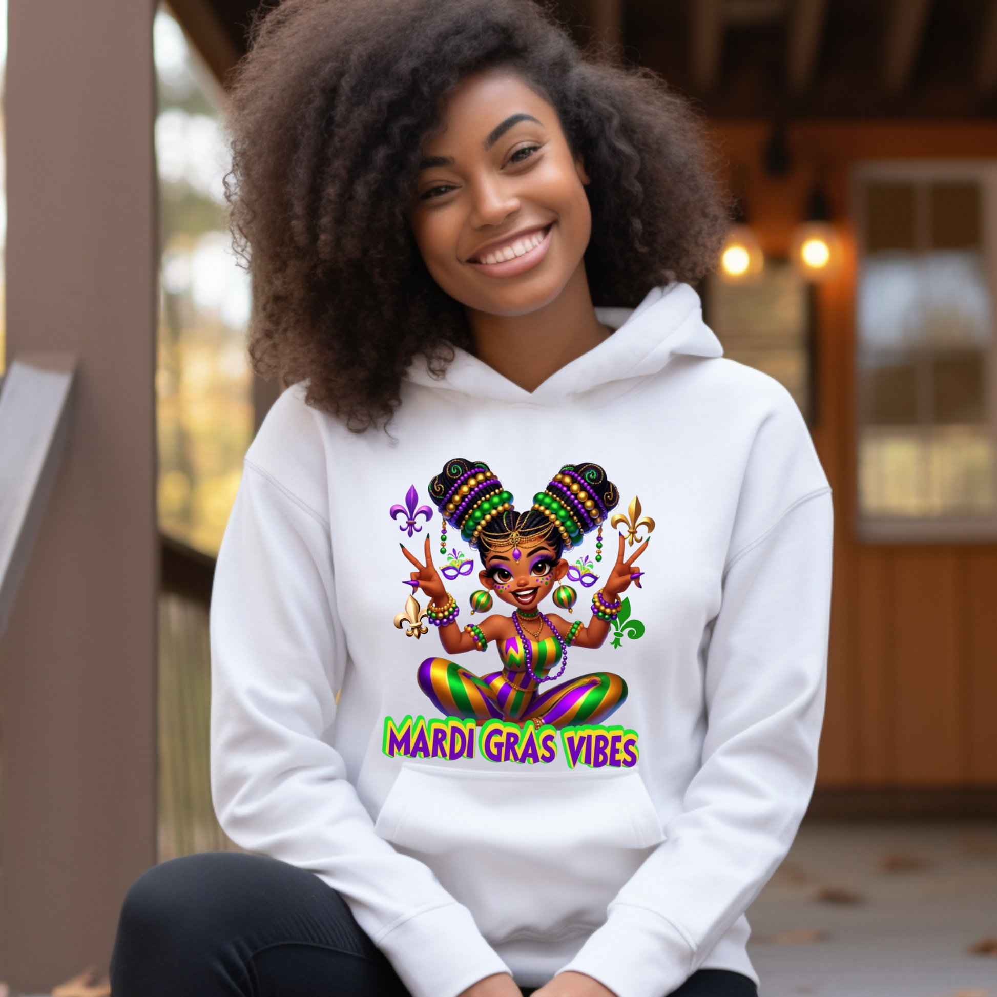 Person wearing a white hoodie with Mardi Gras-themed design and text.