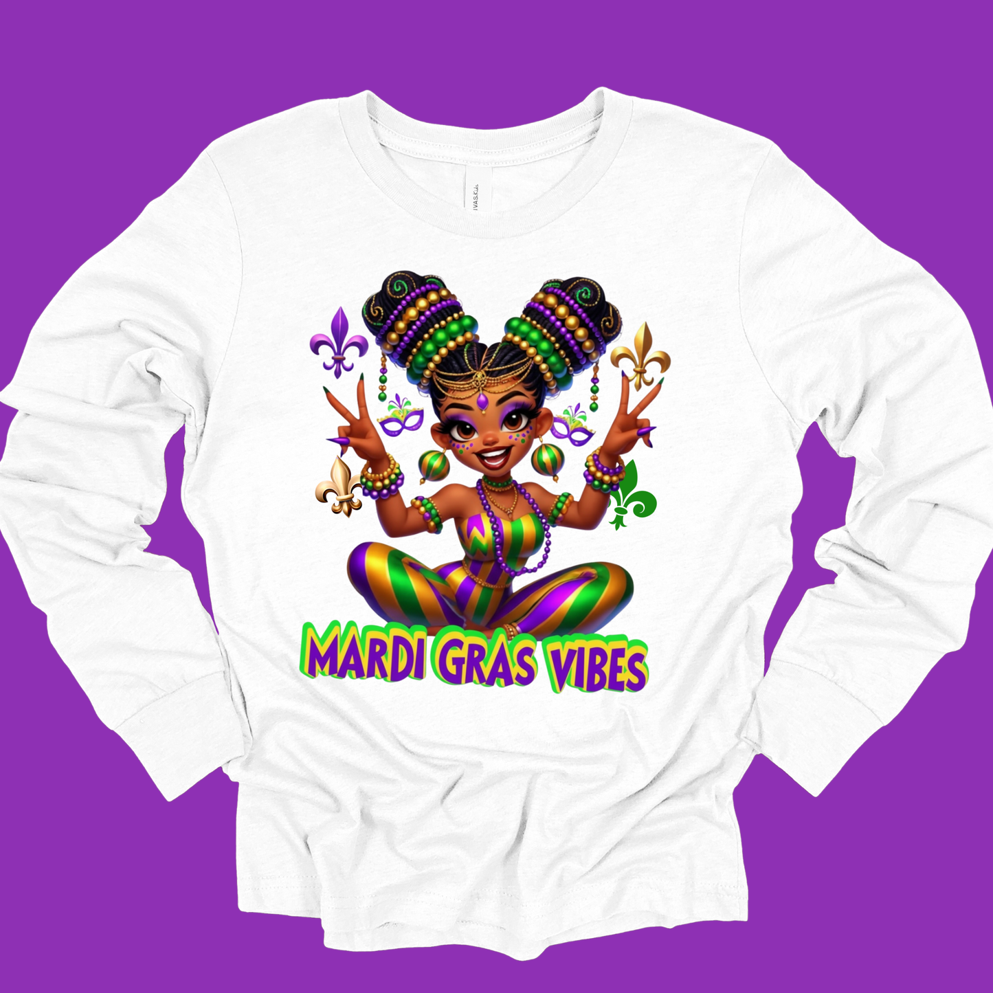 White long-sleeve shirt with Mardi Gras-themed design on a purple background