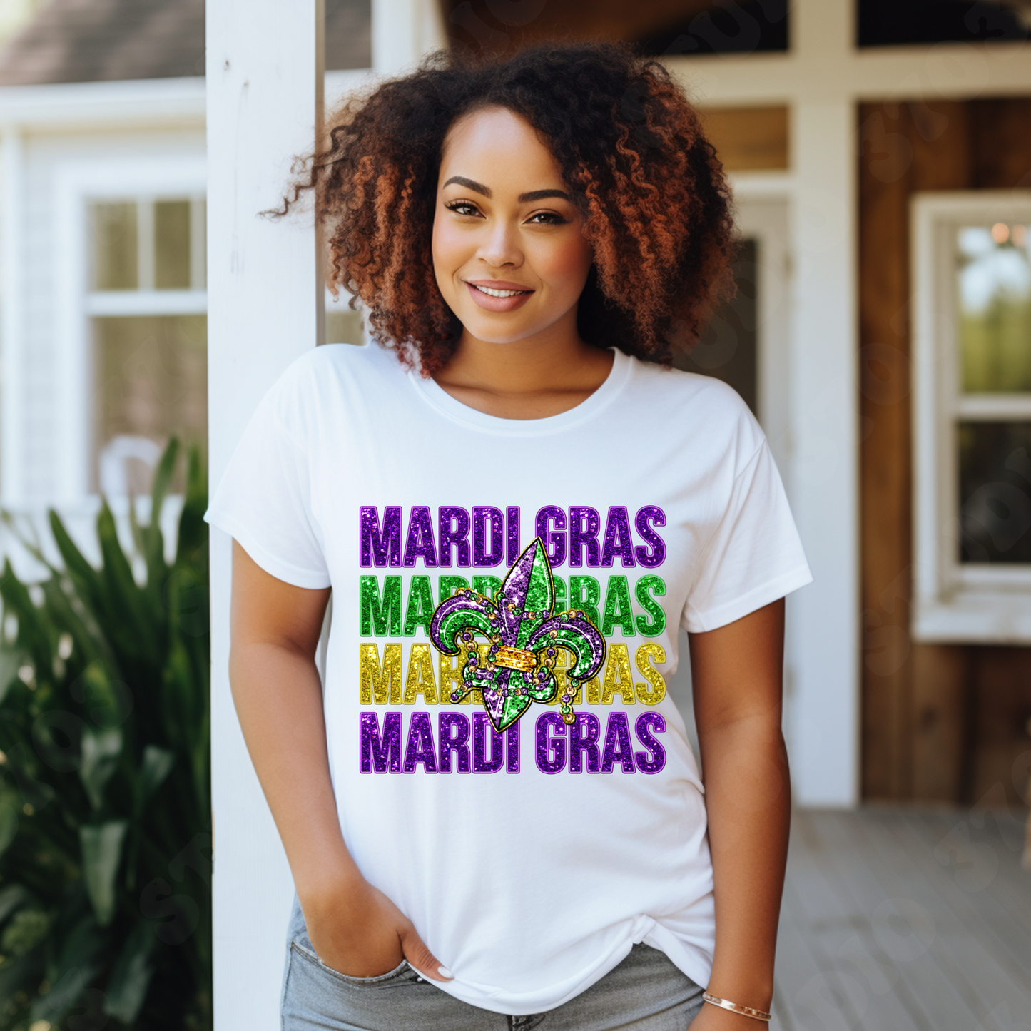 Mardi Gras Shirt - Mardi Gras Fleur de Lis T-Shirt perfect to wear for parade watching and celebrating the Mardi Gras Carnival Season in a white women's t-shirt