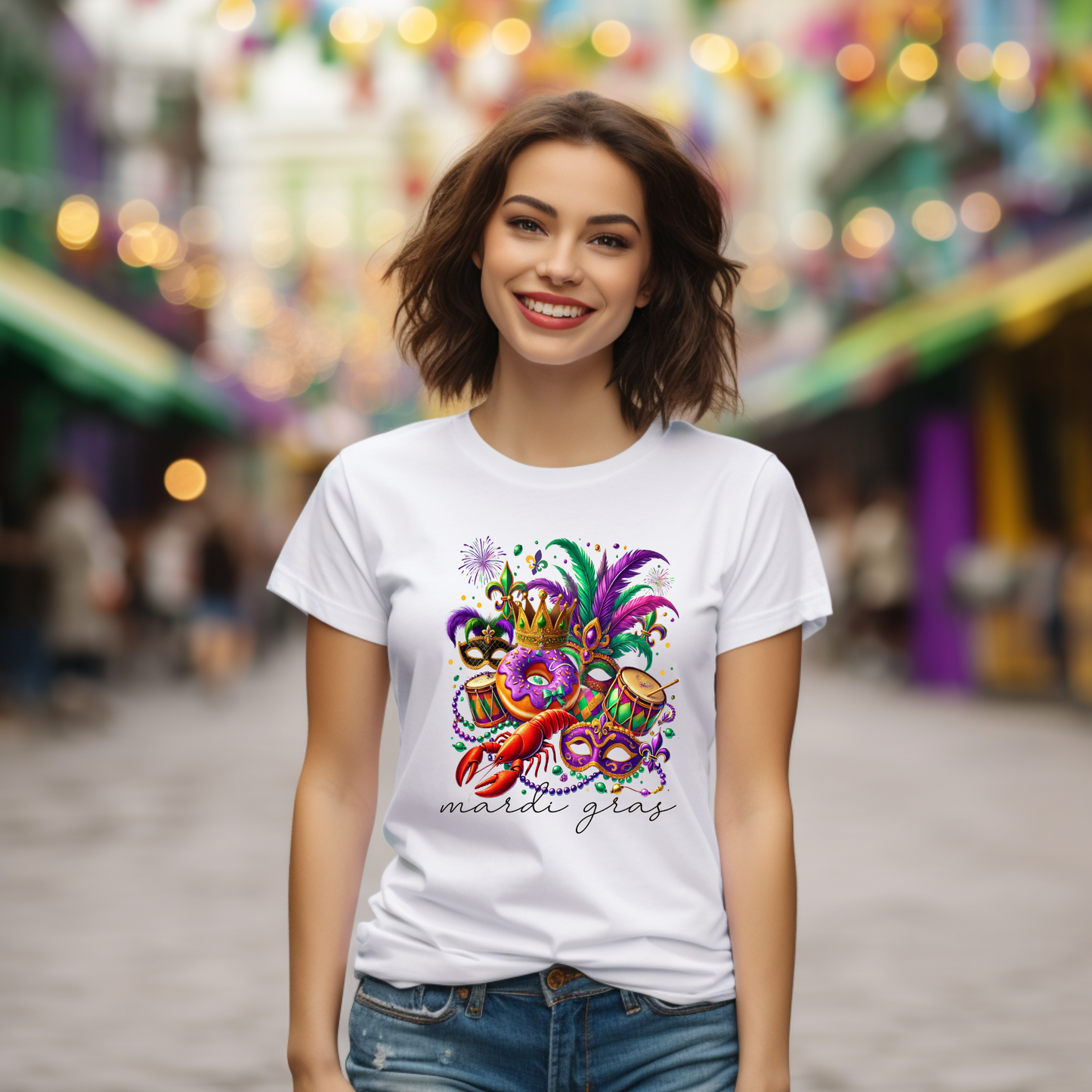 Woman wearing a white t-shirt with Mardi Gras design in a festive setting
