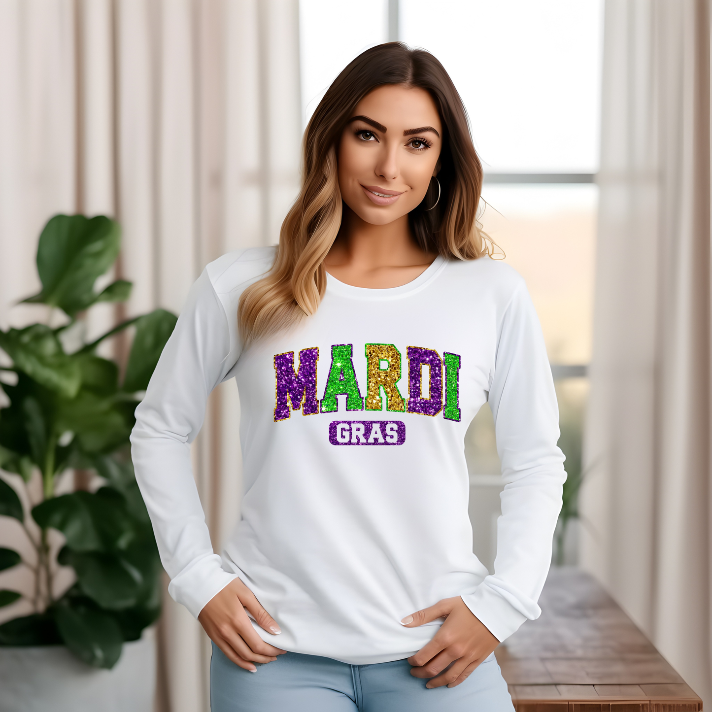 Mardi Gras Women's Sweatshirt - FAUX SEQUENCE MARDI GRAS SWEATER