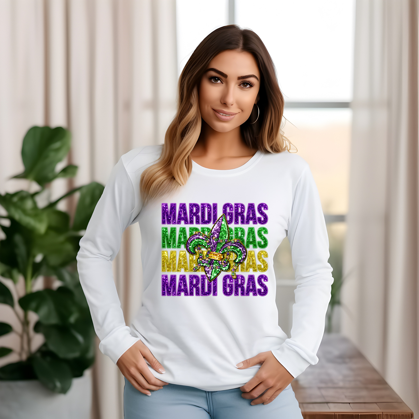 Mardi Gras Shirt - Mardi Gras Fleur de Lis Faux Glitter Sweatshirt-Hoodie